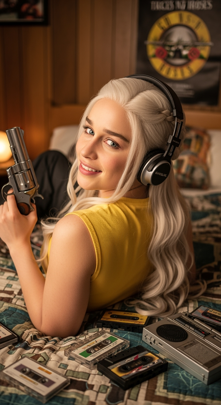 Postingan terkait: #pose: Daenerys Targaryen lying upside down on a bed, with her back facing the camera and her head turned over her shoulder to look at the photographer behind her. She holds a magnum revolver in her hand
#expression: soft and genuine smile, bright silver eyes that look directly at the viewer
#attire: Overwatch Tracer No Jacket, Supraural Headphones On,
#location: Retro bedroom with wood cladded walls and a cozy vintage style
#activity: listening to a cassette tape, momentarily distracted when someone enters and looks back to greet them #lighting: warm, soft ambient light that creates a nostalgic glow, subtle reflections on their hair and face
#atmosphere: relaxed and personal, quiet 80s/90s bedroom scene interrupted by a familiar presence
#details: Scattered cassette tapes and a Walkman on the bed, visible radio tape and Guns N' Roses poster on the wall background, soft-toned textured quilt
#Angle: Raised camera angle from behind and above her, capturing her head turned back and her smiling face over her shoulder
#background: gently blurry retro bedroom decor with warm tones and nostalgic details
#Titmit
#Banchaophoi