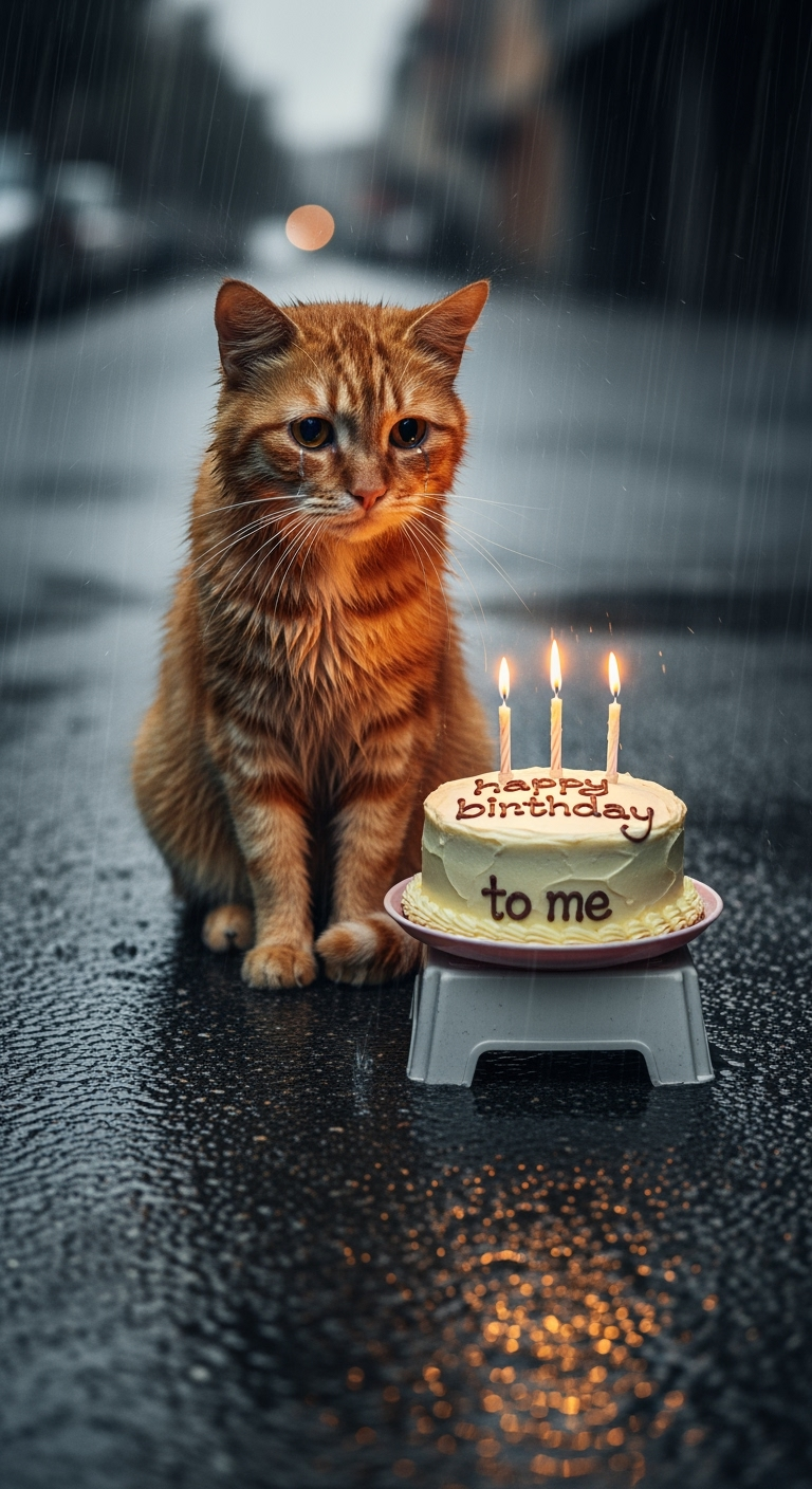 Postingan terkait: A realistic sad cat sitting outdoors in the rain, its fur wet and drooping, looking very sorrowful. In front of the cat, there is a birthday cake with lit candles, the cake has the words “happy birthday to me” written on it. Heavy rain is falling, creating a dramatic and melancholic atmosphere, with puddles forming around the cake. The overall mood is emotional and heartbreaking. Orange cat