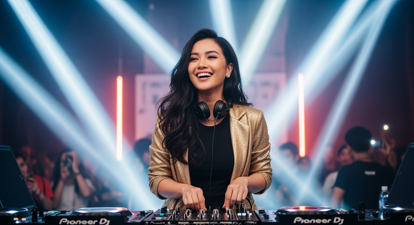 Postingan terkait: A beautiful Indonesian woman with long, flowing hair, wearing a tight shirt and a Gold blazer that shows off her curves, stands confidently behind a DJ set as if performing live. She faces the camera with a happy expression, surrounded by colorful neon stage lights and bokeh effects, evoking the atmosphere of a night party or music concert. The atmosphere is energetic and full of party vibes, with realistic lighting and a high depth of field for a natural, high-definition look.