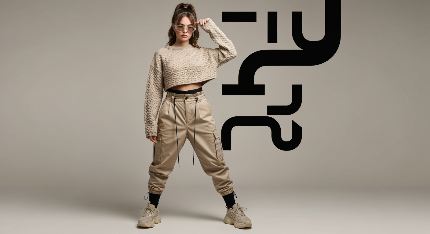 Postingan terkait: A stylish young woman standing confidently in a modern fashion editorial shot, wearing an oversized beige textured cropped sweater with long sleeves, paired with high-waisted loose beige cargo pants that have drawstring details and a black inner waistband. She has chunky futuristic beige sneakers and black socks. Her hair is tied in a sleek high ponytail, with some loose strands framing her face, and she wears round transparent sunglasses. The background is a minimal monochromatic beige tone with bold black abstract typography and graphic design elements. Ultra-realistic, fashion magazine quality, full-body shot, soft diffused lighting, high detail, 8K resolution.
