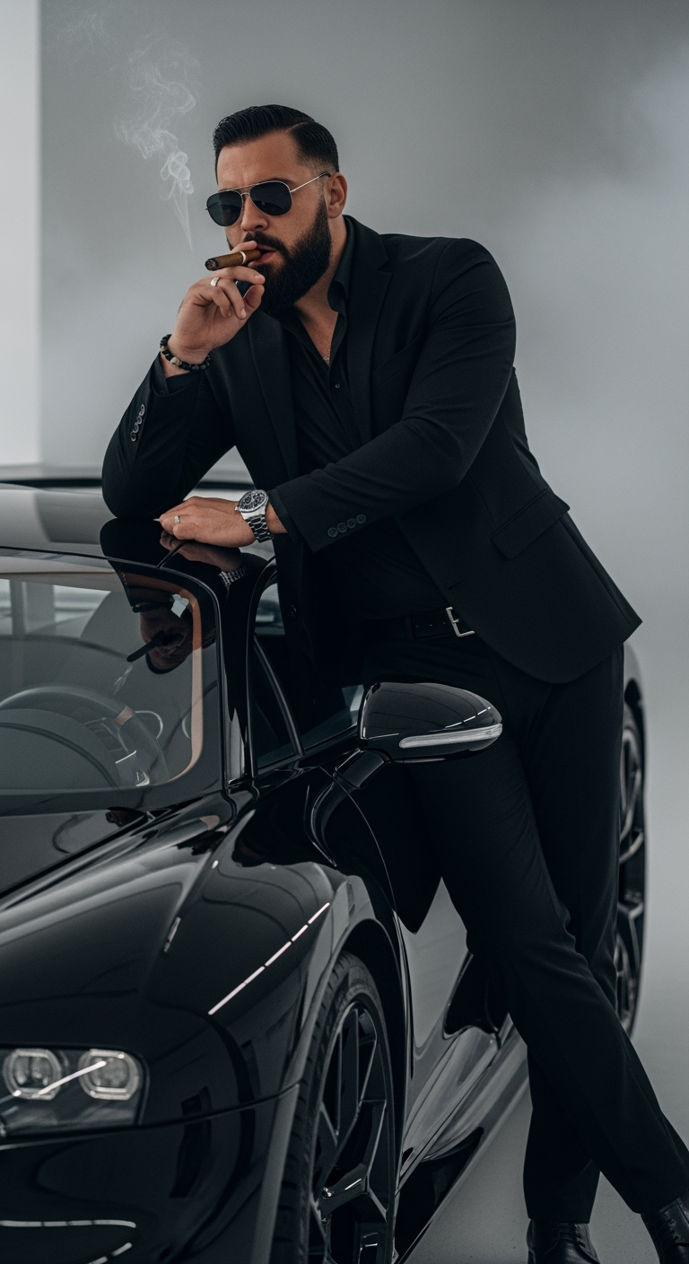 Gambar kreasi AI: A powerful version of me (use my image for reference with accurate face) leaning confidently with my left arm on the roof near the driver’s side door of a luxury black Bugatti. I am dressed in a full black outfit with a blazer, shirt, and trousers, wearing sunglasses and a beard, giving off a strong mafia-boss aura. I hold a cigar near my mouth with one hand while keeping a dominant and charismatic posture. The only accessory is a silver metallic watch on my wrist. The background is minimalistic, with smoky cinematic lighting, creating a dramatic and intense atmosphere.
