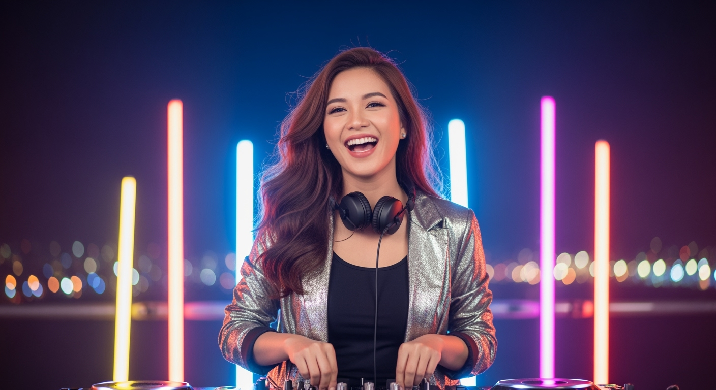 Postingan terkait: A beautiful Indonesian woman with long, flowing hair, wearing a tight shirt and a Silver / Metallic blazer that shows off her curves, stands confidently behind a DJ set as if performing live. She faces the camera with a happy expression, surrounded by colorful neon stage lights and bokeh effects, evoking the atmosphere of a night party or music concert. The atmosphere is energetic and full of party vibes, with realistic lighting and a high depth of field for a natural, high-definition look.