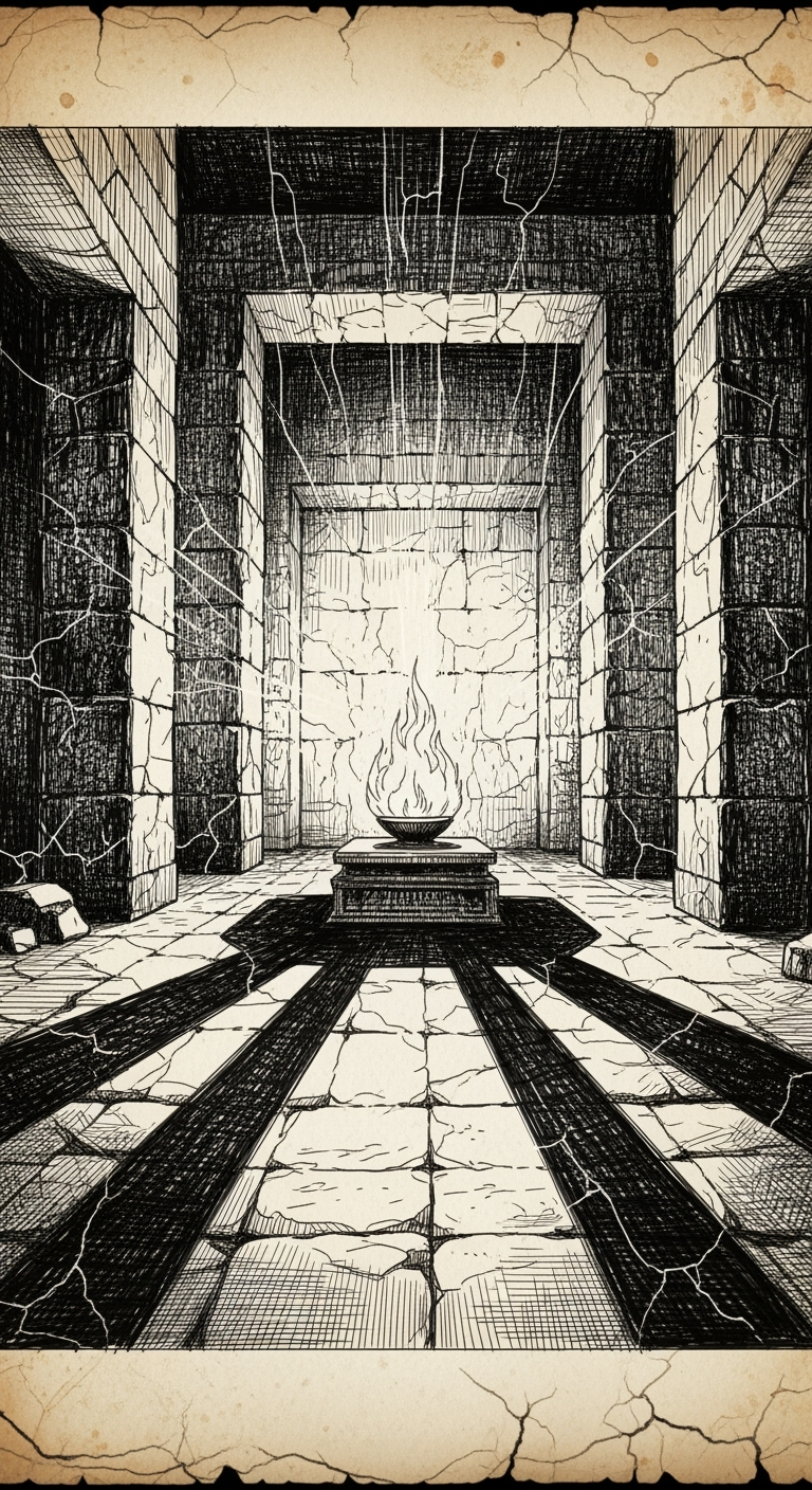 Gambar kreasi AI: Ancient parchment ink illustration, black and white: a crumbling Persian fire temple glowing with a faint eternal flame at its altar, shadows stretching across weathered stone. Heavy ink hatching, cracked parchment texture, mystical aura.