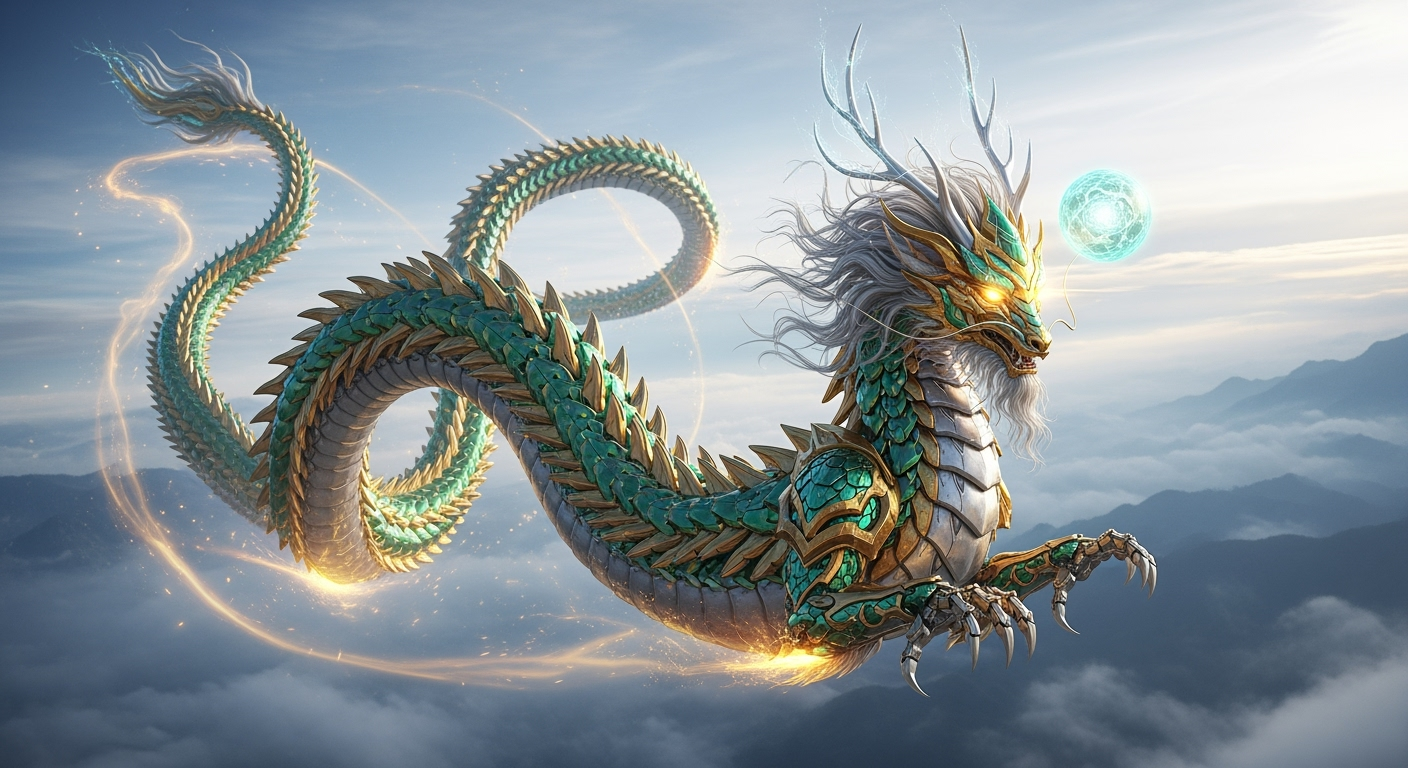 Postingan terkait: robot raksasa Naga China. Robot itu melayang anggun dan meliuk di langit luas yang dipenuhi awan dramatis. Desain futuristik, tubuh panjang dan bersegmen berlapis baja dominan emas metalik dan hijau giok metalik, dengan sisik-sisik logam berkilau yang memantulkan cahaya. Surai dan jenggotnya terbuat dari serat logam halus yang dinamis, dan tanduk rusanya yang elegan memancarkan cahaya lembut. Mata emas tajamnya menyala penuh kebijaksanaan. Cakar-cakar logamnya yang kuat terlihat jelas, dan di dekat kepalanya melayang bola energi futuristik yang bercahaya. Tekstur menonjol dan mata menyala tajam, dengan perpaduan elegan antara warna emas dan hijau giok. Komposisi gambar sinematik dengan pencahayaan siang alami, warna hangat dan dingin bercampur harmonis. Foto menampilkan seluruh robot dalam kemegahannya yang luar biasa, melayang megah di tengah-tengah langit cerah dan pegunungan berkabut di kejauhan, meninggalkan jejak energi keemasan