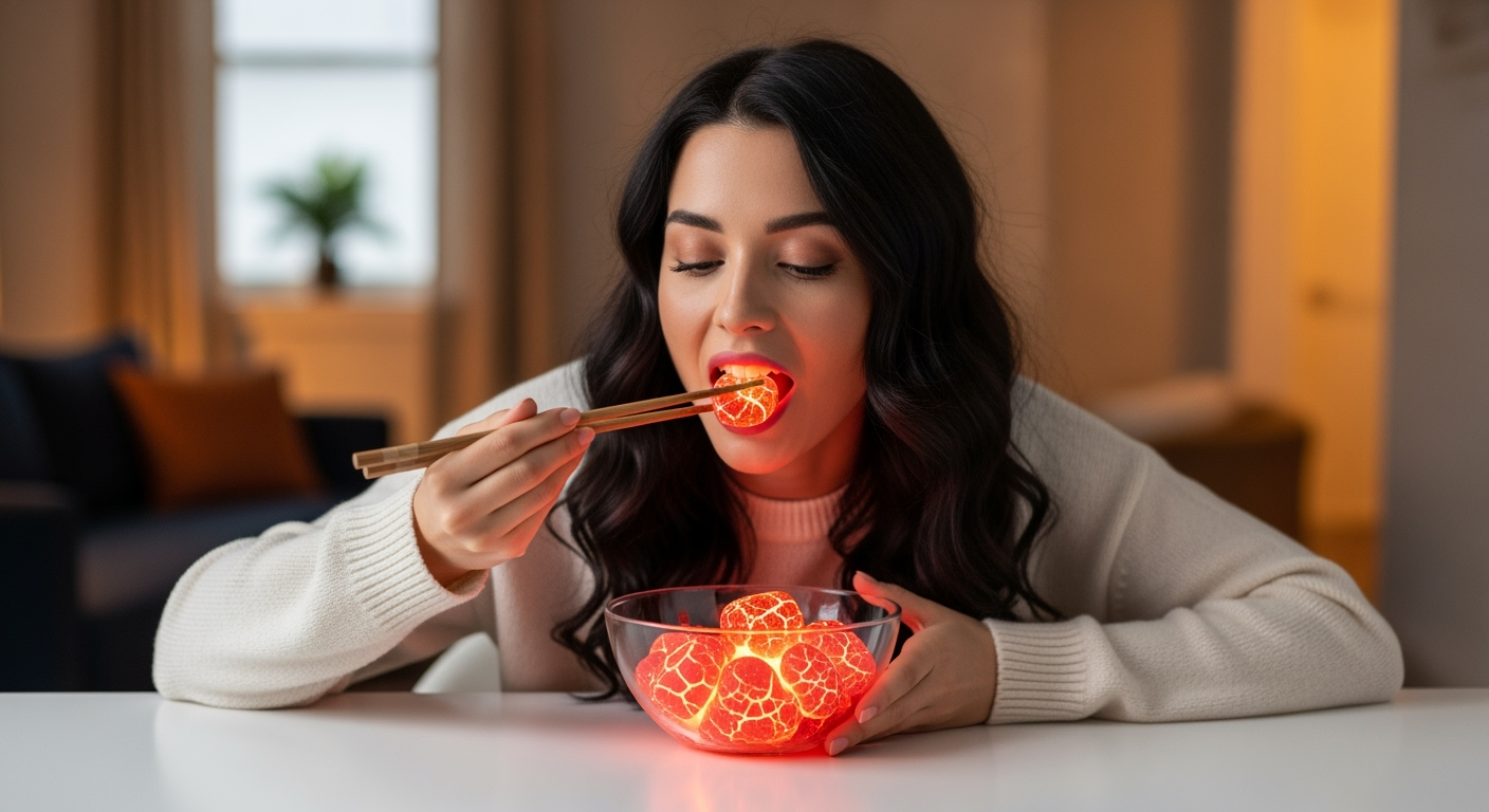 Postingan terkait: 8K cinematic realism, one-take. A beautiful young woman with long dark hair sits at a minimal white dining table, wearing a soft cream sweater. In front of her is a transparent glass bowl filled with glowing lava-like food, fiery orange-red chunks with cracks of molten light. She delicately picks up a piece with chopsticks and takes a slow bite, the molten glow shimmering inside the bite mark. Her lips reflect a faint fiery glow, illuminated by the warm lava light. Background softly blurred, cozy indoor setting, clean and bright lighting. Cinematic depth of field, ultra-realistic textures, dramatic but elegant atmosphere, ASMR mukbang vibe