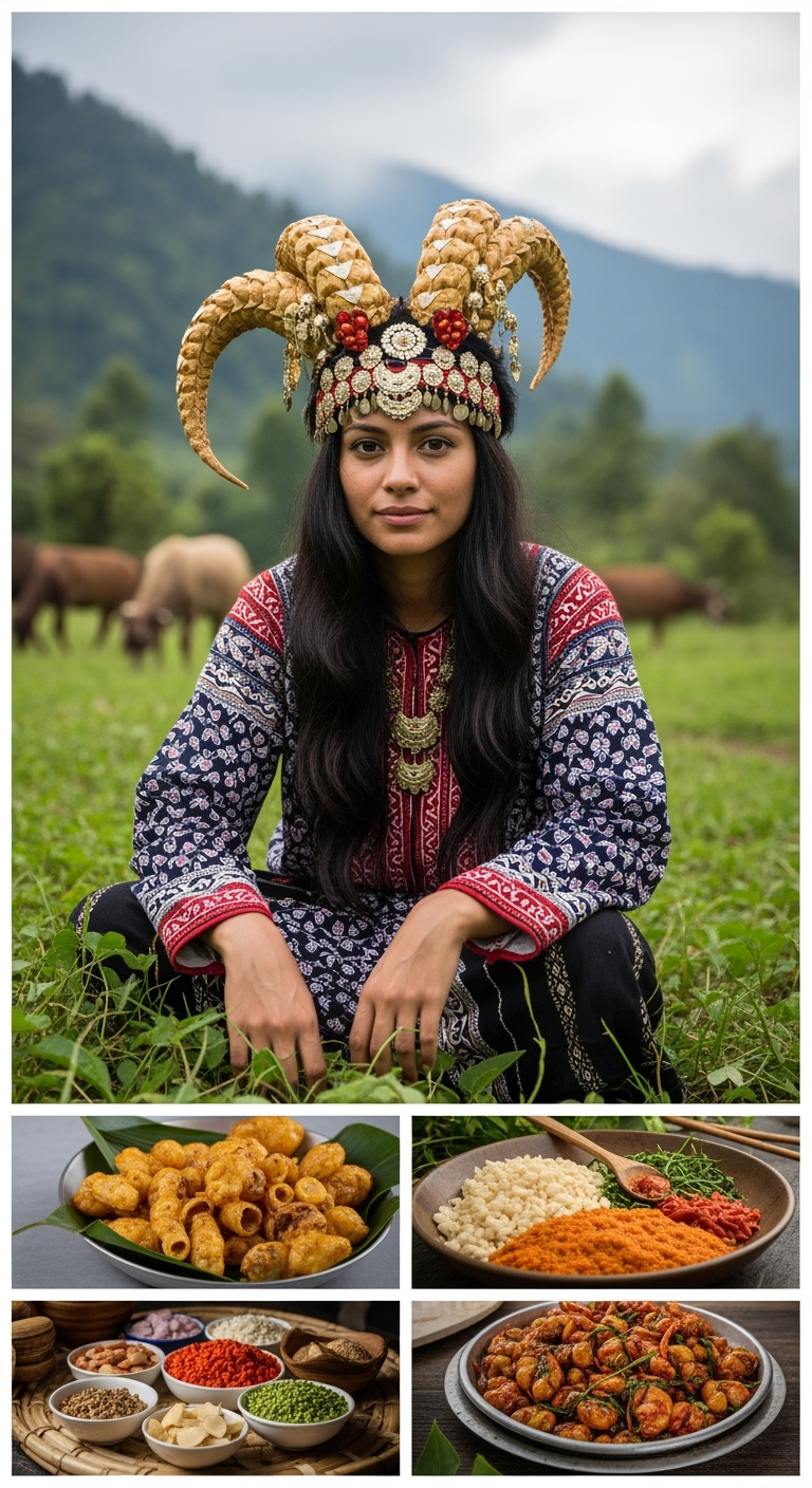 Gambar kreasi AI: seorang wanita arab sedang memakan rujak di warteg sederhana.vibe pedesaan,dramatic,sinematik.