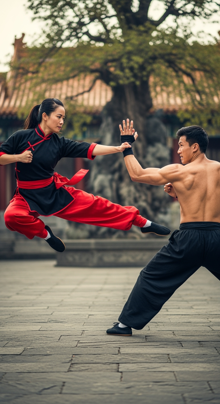 Gambar kreasi AI: Buat kan gambar orang lagi bertanding kungfu wanita cantik dan laki2