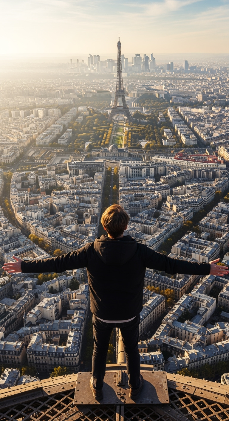 Gambar kreasi AI: A hyper-realistic cinematic image,based on the character from the uploaded image (including clothing, expression, hairstyle) standing at the very top of a famous eiffel tower in Paris, From this high vantage point, the entire Paris skyline is visible: the Eiffel Tower in the distance, classic Parisian rooftops, and winding streets below. Golden daylight shines across the city, with soft atmospheric haze adding depth. The camera angle is wide, slightly low, making the person look majestic and free while embracing the panoramic view. Mood: liberating, cinematic, awe-inspiring.Aspect ratio: 3:4, ultra-realistic, cinematic detail.