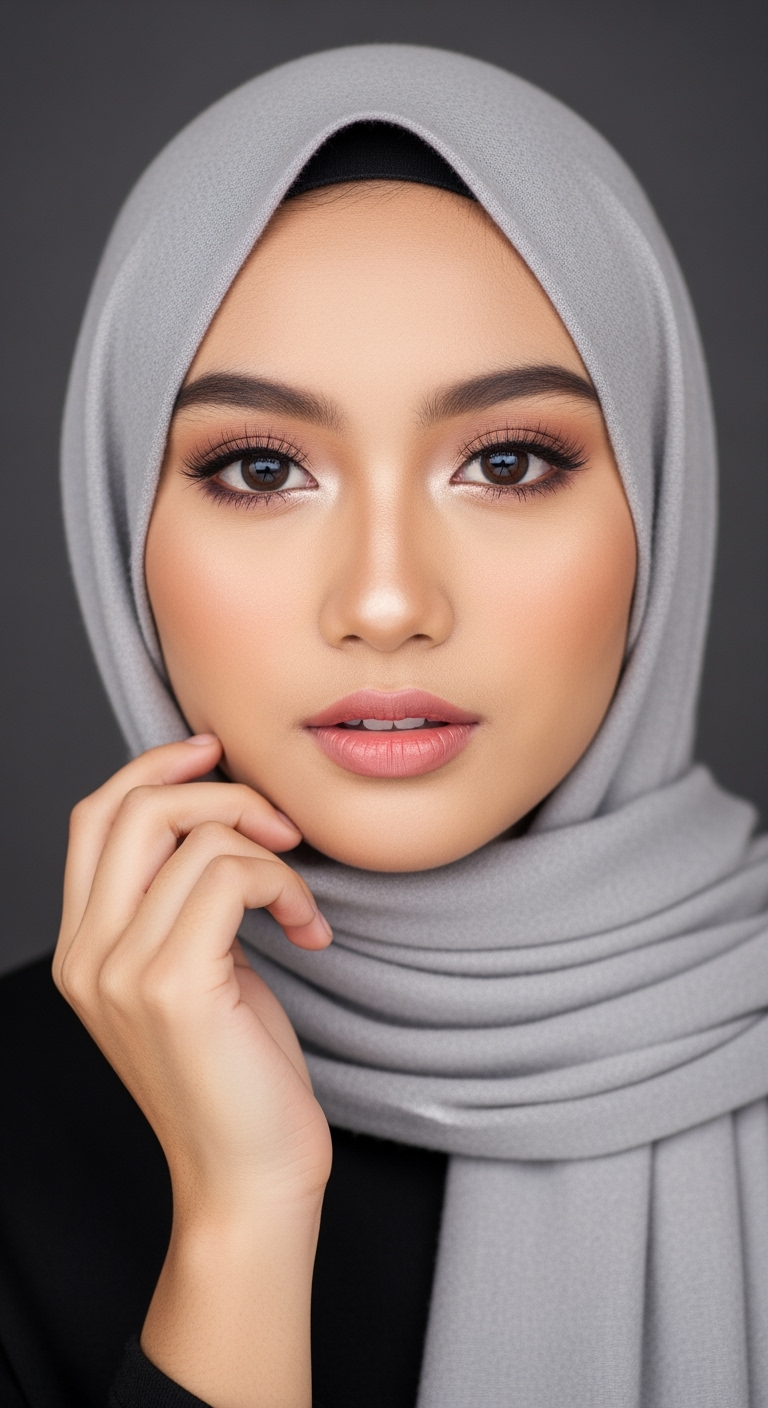 Postingan terkait: Sebuah fotorealistis (high-definition, high-quality, high-resolution) Seorang gadis muda cantik Jepang-Sunda mirip idola berusia 18 tahun, dengan wajah oval dan kulit putih bersih yang mulus. Riasan tipis natural. Mata bulat berwarna cokelat gelap double eyelids dengan bulu mata lentik dan alis melengkung tipis. Hidung mancung yang ramping. Bibir tipis berwarna merah muda alami lembab. Matanya menatap ke kamera seperti melihat pujaan hatinya, dan wajahnya menampakkan ekspresi menggoda dengan senyum sensual. Ia Memakai hijab pashmina berwarna abu-abu muda yang dililitkan pada leher dengan gaya modern.