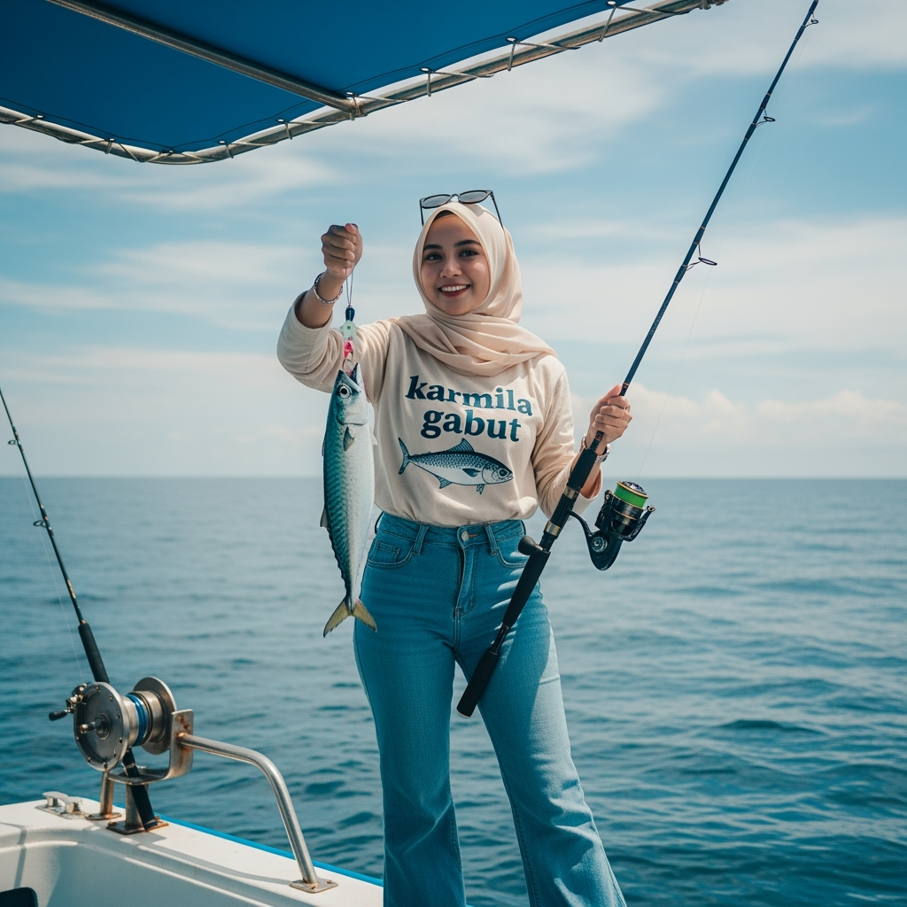 Postingan terkait: Buat foto Seorang wanita muda cantik putih indonesia bergaya sedang memancing di atas perahu di tengah laut. Dia mengenakan hijab cream kaos panjang bertuliskan "karmila gabut" dengan gambar ikan, celana jeans cutbray. Di tangannya, dia memegang ikan kembung yang baru saja ditangkap dan tangan lainnya memegang pancingan. Latar belakangnya adalah laut biru yang luas dengan langit yang cerah berawan. Perahu memiliki tenda biru di atasnya dan peralatan memancing yang terlihat jelas. Rasio 9:16.