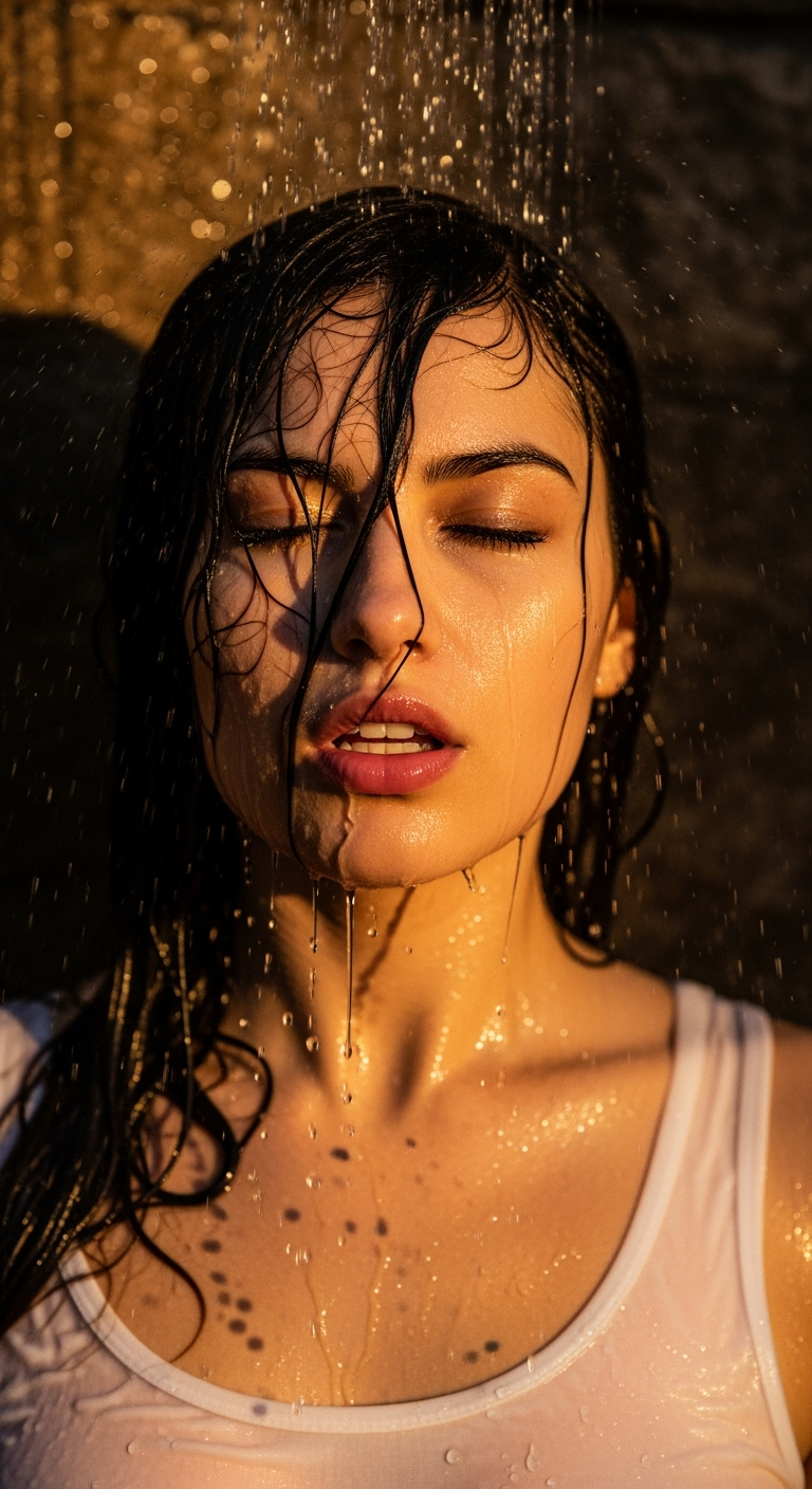 Postingan terkait: ultra-realistic close-up of a petite curvy woman under a shower stream, wet black hair slicked against her face and shoulders, strands falling over her hazel-green eyes, expression sultry and bratty with parted lips and closed eyes. She wears a thin white tank clinging to her body, translucent with water droplets cascading down her skin. Golden warm lighting bounces off the wet stone wall behind her, creating dramatic shadows and glowing highlights across her collarbones. Realism cues: dripping water trails, subtle fabric wrinkles sticking naturally, stray hair strands plastered to cheeks, sheen of moisture catching the light, textured stone in the blurred background. The mood is cinematic, intimate, seductive but editorial — like a luxury perfume campaign caught in a raw, wet-look moment. -- ar 2:3 -- v 6.0 -- q 2 -- style raw