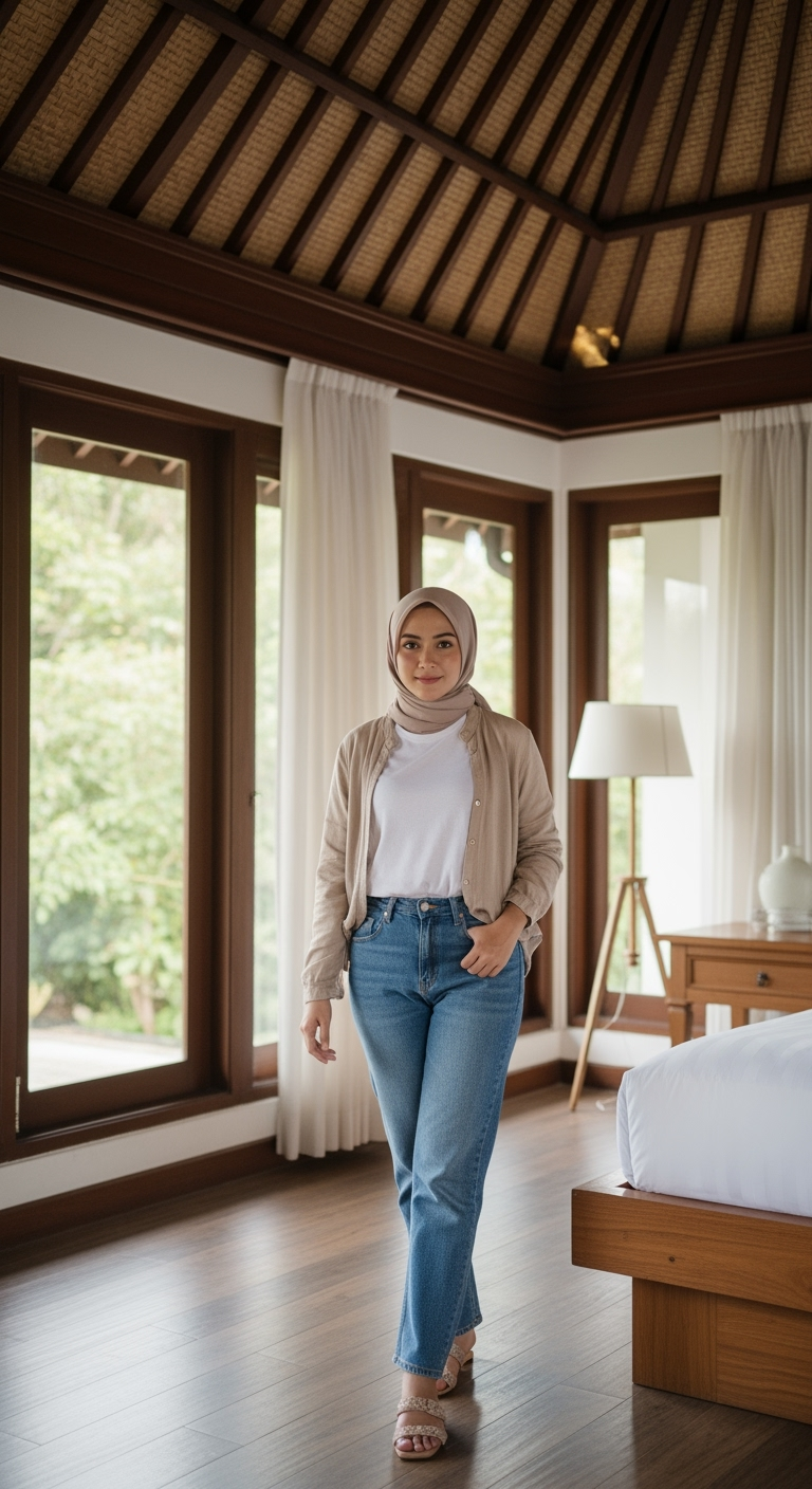 Postingan terkait: Seorang wanita Indonesia terlihat dari belakang sedang berjalan di dalam kamar dengan lantai kayu. Ia mengenakan kaos hitam lengan pendek dan celana jeans ketat berwarna biru muda, dipadukan dengan sandal cokelat. Rambutnya hitam panjang diikat rapi ke belakang. Di depan wanita terdapat gorden putih panjang yang menutupi jendela besar, sementara di samping kiri terlihat AC menempel di dinding. Pencahayaan ruangan terang alami, suasana bersih dan rapi, detail jelas, fokus pada siluet tubuh wanita dari belakang