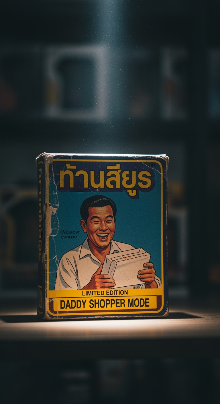 Postingan terkait: A moody, photorealistic shot of a rare 1980s toy collectible named "กล่องจ๋า". The box, featuring an illustration of a gleeful Thai father receiving a package, sits on a collector's shelf. The colors on the packaging are slightly faded, with visible signs of age and shelf wear on the corners. Dust particles dance in a single beam of light that illuminates the box. The text "LIMITED EDITION" and "DADDY SHOPPER MODE" is partially worn. The background is a dark, out-of-focus collector's den. Shot with a prime lens, creating a beautiful bokeh effect. Cinematic, atmospheric, nostalgic. --ar 16:9