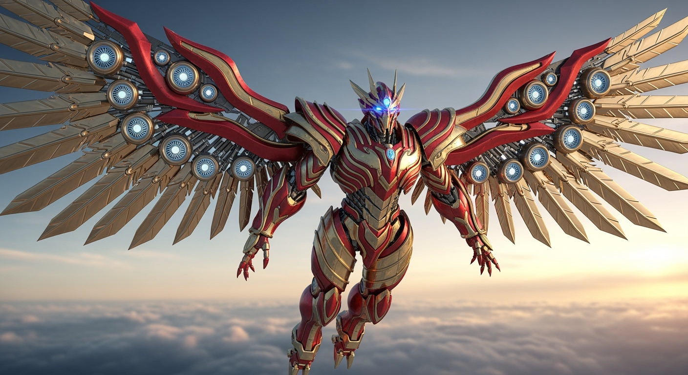Gambar kreasi AI: robot Phoenix raksasa yang sedang terbang di langit, membentangkan sayap logam besar yang berkilauan. Desain futuristik, tubuh berlapis baja merah metalik dan emas, mata menyala biru tajam. Sayapnya dipenuhi detail mekanik, turbin kecil menyala di sela-sela lipatan sayap, bulu-bulu logamnya berkilau. Tekstur menonjol dan mata tajam serta warna keemasan dipadukan dengan warna merah yang elegan. Gambar menampilkan seluruh bagian dari robot Phoenix tersebut.