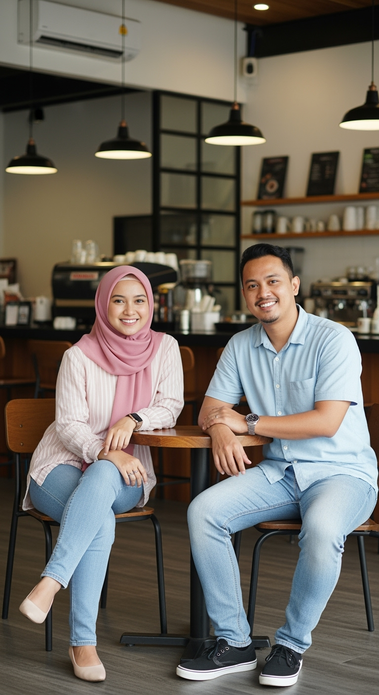 Postingan terkait: Buat foto seorang wanita cantik putih indonesia memakai hijab pink muda pudar atasan putih bertali celana jeans cutbray. Sedang menarik pria berkaos biru celana jeans yang sebelumnya sedang duduk dengan 2 orang wanita di sebuah caffe.