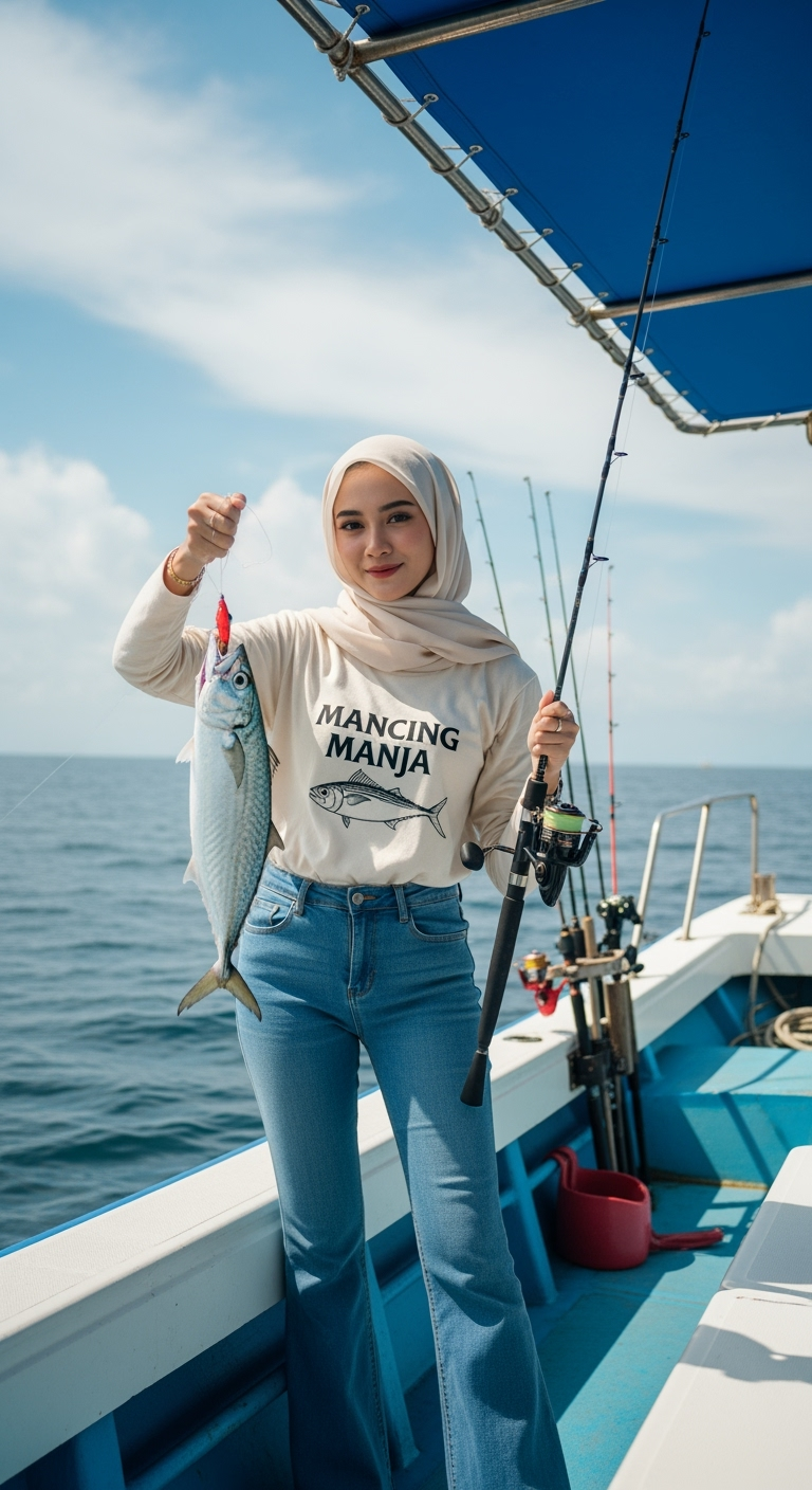 Postingan terkait: Buat foto Seorang wanita muda cantik putih indonesia bergaya sedang memancing di atas perahu di tengah laut. Dia mengenakan hijab cream kaos panjang bertuliskan "Mancing Manja" dengan gambar ikan, celana jeans cutbray. Di tangannya, dia memegang ikan kembung yang baru saja ditangkap dan tangan lainnya memegang pancingan. Latar belakangnya adalah laut biru yang luas dengan langit yang cerah berawan. Perahu memiliki tenda biru di atasnya dan peralatan memancing yang terlihat jelas. Rasio 9:16.