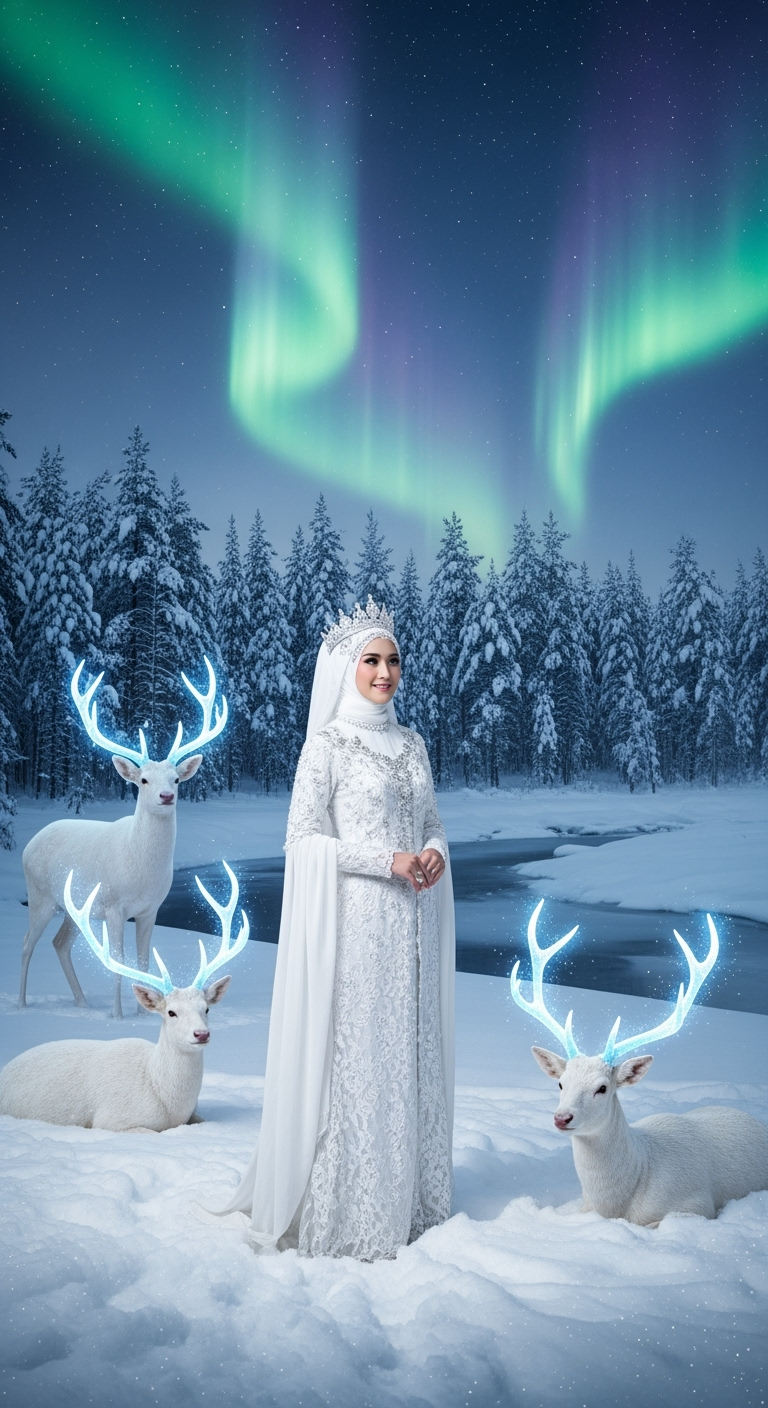 Gambar kreasi AI: Foto seorang wanita cantik putih indonesia mengenakan gaun putih panjang dan hijab senada dengan gaun dan mahkota perak, berdiri di tengah musim dingin yang tertutup salju. Di sekelilingnya terdapat tiga ekor rusa putih dengan tanduk bercahaya. Latar belakangnya adalah hutan pinus yang tertutup salju dan langit malam yang diterangi oleh aurora borealis.
Detail Tambahan:
- Ekspresi: Tersenyum melihat kedwpan kamera
- Gaun: Putih panjang, elegan, dengan detail renda dan manik-manik
- Mahkota: Perak, dihiasi dengan permata
- Rusa:
​
- Warna: Putih bersih
​
- Tanduk: Bercahaya, dengan warna biru dan putih
​
- Posisi: Satu berdiri, dua berbaring
​
- Ekspresi: Penasaran dan ramah
​
- Salju: Tebal dan berkilauan
​
- Hutan: Pinus, tertutup salju
​
- Sungai/Danau: Beku, dengan permukaan yang halus
​
- Langit:
​
- Malam: sedikit gelap, diterangi oleh aurora borealis
​
- Aurora borealis: Warna hijau, biru, dan ungu yang menari-nari
​
- Pencahayaan:
​
- Lembut dan merata
​
- Aurora borealis memberikan cahaya alami
​
- Tanduk rusa memberikan sedikit cahaya tambahan
​
- Gaya:
​
- Fantasi 
​
- Misterius
​
- Anggun
​
- Kualitas:
​
- Resolusi tinggi
​
- Detail tajam
​
- Warna-warna cerah dan hidup
 
Kata Kunci Tambahan:
 
- Ratu Salju
​
- Musim Dingin
​
- Keajaiban
​
- Malam
​
- Alam