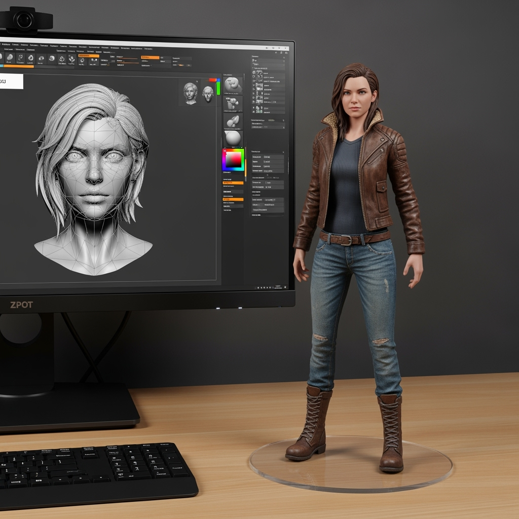 Gambar kreasi AI: @Ori galan: Create a 1/7 scale commercialized figure of the character in the illustration, in a realistic style and environment. Place the figure on a computer desk, using a circular transparent acrylic base without any text. On the computer screen, display the ZBrush modeling process of the figure. Next to the computer screen, place a BANDAI-style toy packaging box printed with the original artwork.