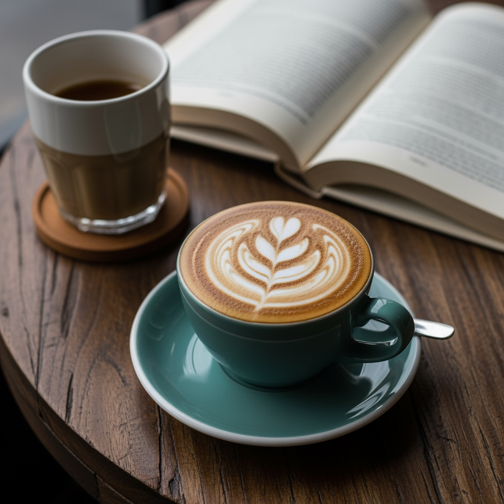 Postingan terkait: "Fotografi close-up dari secangkir kopi latte art berbentuk daun, di atas meja kayu rustic, dengan latar belakang buku dan pencahayaan hangat, gaya food photography."