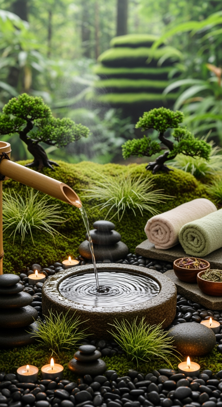 Postingan terkait: A tranquil Japanese Zen spa garden scene featuring a bamboo water spout gently pouring into a round stone basin, surrounded by vibrant moss, small bonsai trees, clusters of grasses, smooth river pebbles, and stacked stones. Rolled spa towels and herbal bowls rest nearby, softly illuminated by candlelight. The background is a blurred lush forest with layered green plants. Realistic cinematic photography, soft daylight, shallow depth of field, eye-level close-up focus on the basin and spout, balanced natural composition, no text or writing anywhere.