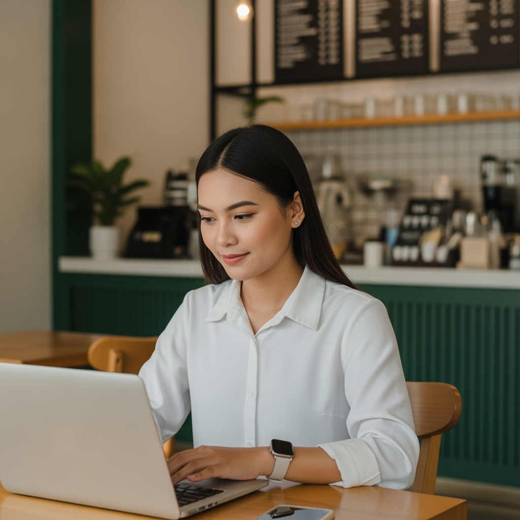 Gambar kreasi AI: Seorang pebisnis wanita muda yang tersenyum saat bekerja di laptop di kafe modern yang cerah, komposisi close-up, pencahayaan alami yang lembut, fotografi gaya hidup."