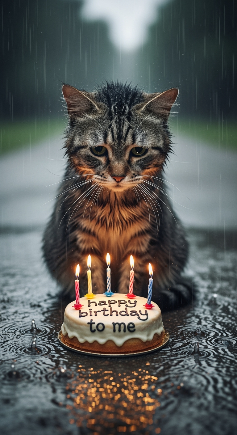 Postingan terkait: A realistic sad cat sitting outdoors in the rain, its fur wet and drooping, looking very sorrowful. In front of the cat, there is a birthday cake with lit candles, the cake has the words “happy birthday to me” written on it. Heavy rain is falling, creating a dramatic and melancholic atmosphere, with puddles forming around the cake. The overall mood is emotional and heartbreaking.