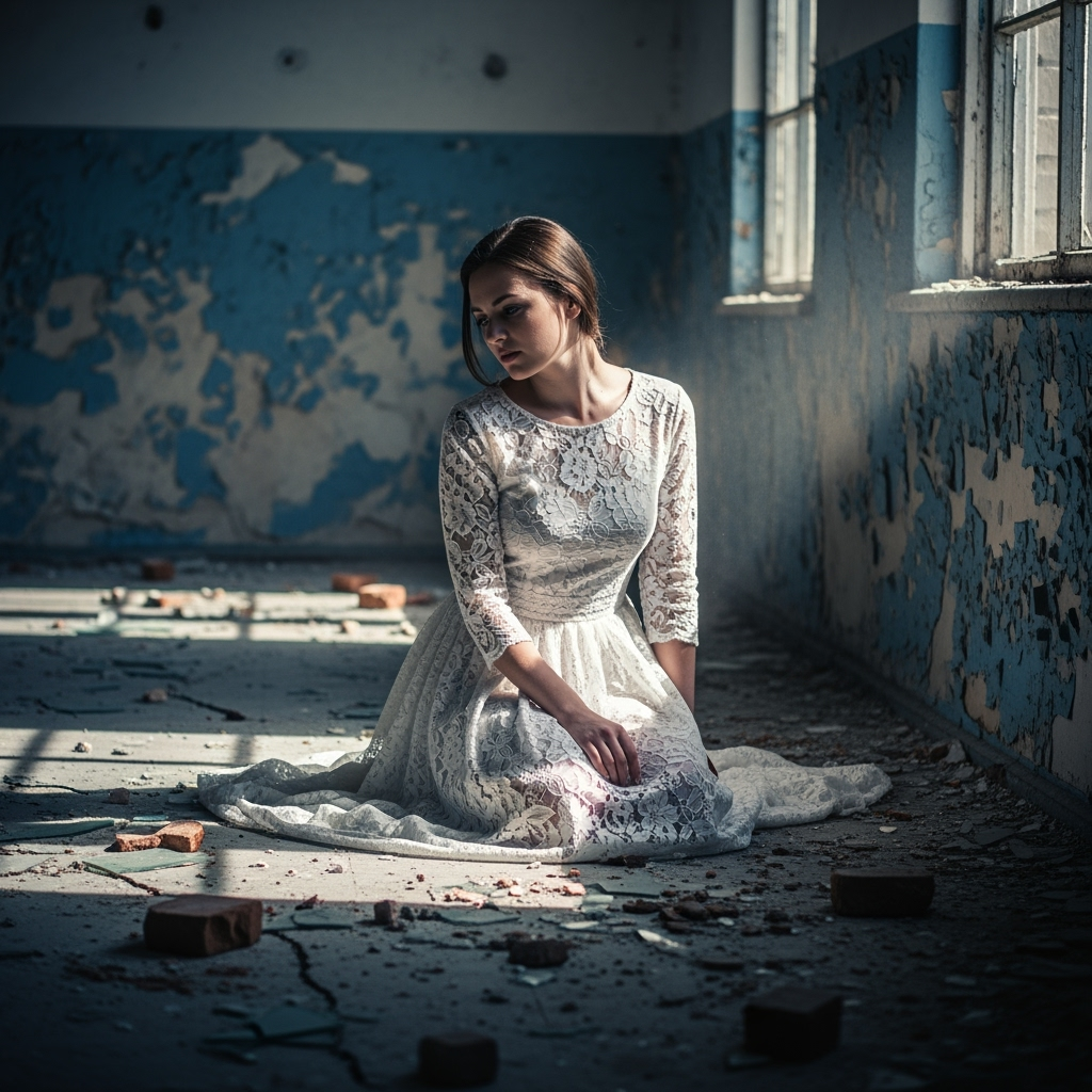 Gambar kreasi AI: A cinematic portrait of a beautiful young woman kneeling on the cracked floor of an abandoned room. She wears a delicate white lace dress that flows softly, illuminated by natural light streaming through dusty windows. The peeling blue paint on the walls and scattered debris create a haunting yet poetic atmosphere. Her expression is gentle and melancholic, evoking a sense of fragility and quiet resilience. Soft shadows and dramatic lighting highlight the emotional, dreamy mood of the scene