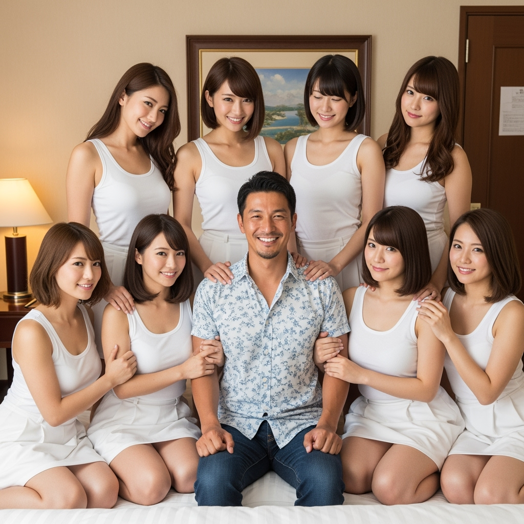 Postingan terkait: Buat seorang pria(foto terlampir) dikelilingi oleh 6 wanita cantik jepang realistis memakai tanktop putih  celana pendek , latar background di kamar hotel
