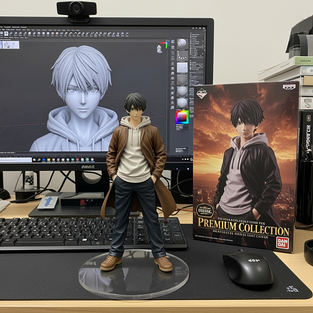 Postingan terkait: A hyper-detailed, ultra-realistic 1/8 scale commercialized figurine of the subject(s) in the reference photo, sculpted in true proportions and lifelike detail. The figurine is displayed in a real environment, placed on a computer desk. It stands on a round transparent acrylic base without any text or engravings. On the computer screen behind it, the ZBrush 3D modeling process of this exact figurine is visible. Next to the monitor, there is a premium HIKARU GANK–style toy packaging box, printed with the original 2D artwork of the figurine in flat anime-style illustration. The packaging is vibrant and professional, resembling official Bandai PREMIUM COLLECTION products. The whole scene is photographed realistically, with natural lighting, depth of field, and high fidelity, making it indistinguishable from a real photo.
