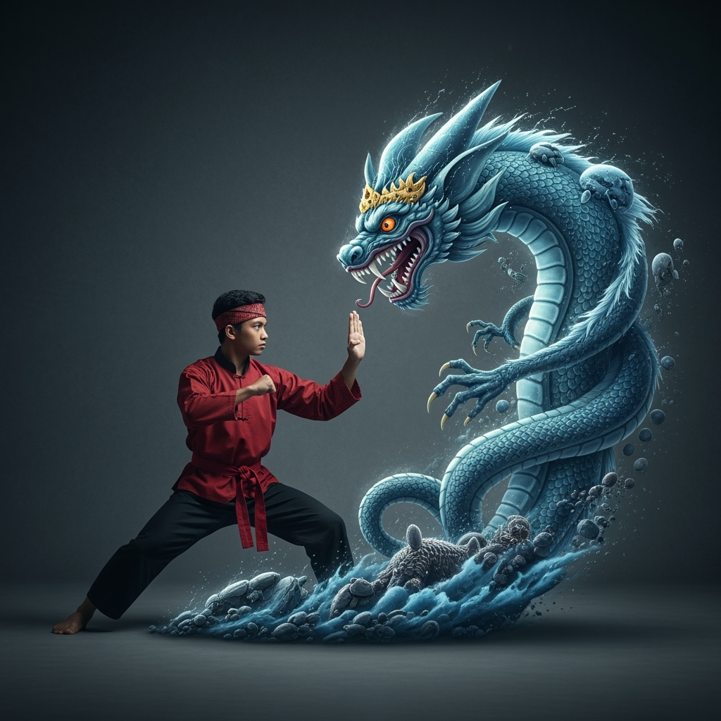 Postingan terkait: Seorang pria muda Indonesia berpakaian sederhana, sinematik 8K rasio aspek 9:16, hiper realistis menampilkan sikap membungkuk avatar, melakukan gerakan jurus pencak silat, di luar ruangan. Sebuah cincin berputar-putar dari keempat elemen: bumi, udara, air, dan api mengelilingi dia, membentuk naga, lengkap dengan cakar, kumis, dan tikungan dramatis. Naga itu tampaknya hidup mengalir di luar tangannya, ditangkap dengan unsur-unsur fisika alami—air, tetesan, percikan, bias, kabut, batu, debu, kerikil, angin, api dan bara.