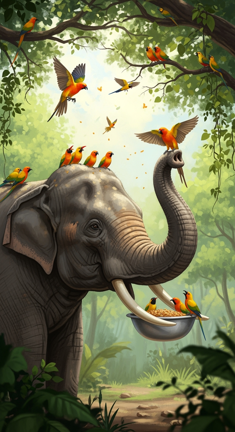 Gambar kreasi AI: In a lush, green setting illuminated by soft, diffused sunlight, an elephant gently cradles a shiny bowl filled with food in its trunk, surrounded by vibrant foliage. Perched on branches nearby, several colorful birds, some with orange and yellow plumage, hop and chirp, eagerly awaiting their share of the feast. The scene captures a harmonious moment of nature, highlighting the gentle giant's nurturing demeanor as it shares its bounty. The serene atmosphere and rich greenery, coupled with the interplay of light and shadow, evoke a sense of tranquility and connection among the creatures. Overall, this picturesque moment showcases the beauty of wildlife and the bonds formed within the animal kingdom.