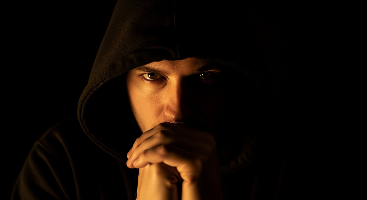 Gambar kreasi AI: "Ultra-cinematic hyper-realistic portrait of a man wearing a hooded black hoodie pulled up, hands clasped under chin. Only face and hands faintly visible. Extremely dim warm low-key lighting, golden tones, face slightly brighter than hands. Hoodie dissolves into pure black void with no detail. Intense frontal gaze with faint warm catchlight. Dark, mysterious, intimidating, film noir atmosphere. —ar 3:4"