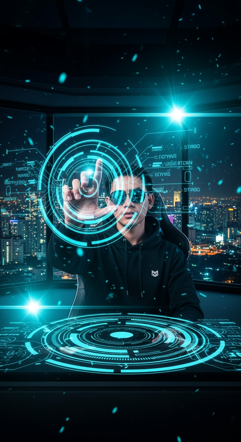 Postingan terkait: Cinematic, wide-angle shot of a young Thai man in a black hoodie with a cat logo, wearing sunglasses, interacting with a complex, floating holographic user interface. His hand is outstretched, manipulating glowing blue data streams and circular HUD elements. The setting is a dark, high-tech control room with a night city view in the background. The image has a shallow depth of field, with lens flare and glowing particles creating a dynamic and futuristic atmosphere. The primary light source is the bright cyan glow from the holographic screens reflecting on his face and hand.
