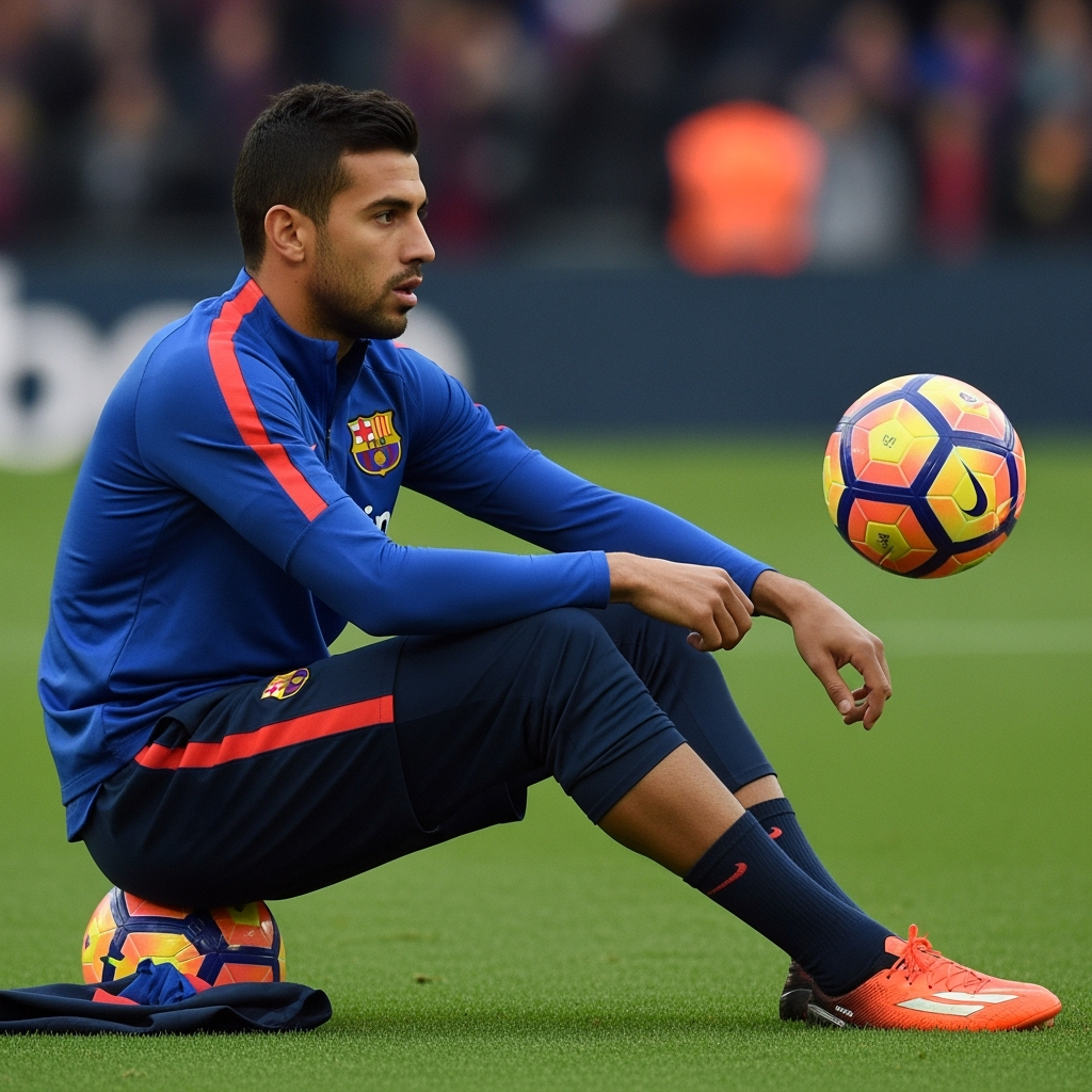 Gambar kreasi AI: Buat kan gambar pemain bola barcelona di kamar ganti sambil bawa bola