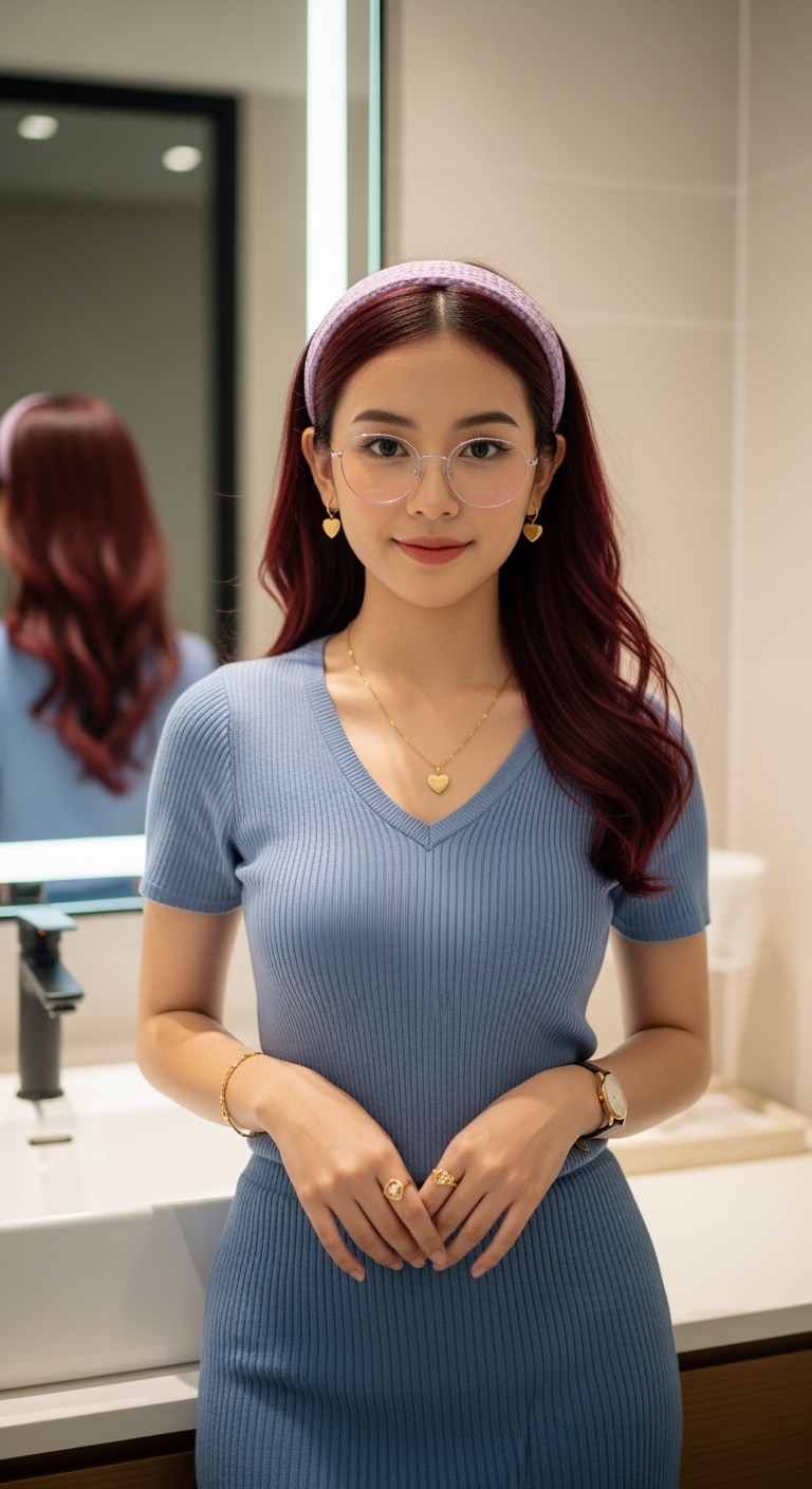 Postingan terkait: Sebuah fotorealistik full body (ultra-detailed, ultra-quality, ultra resolution) seorang gadis muda cantik Tiongkok-Sunda mirip idola berusia 18 tahun bernama Ratri, dengan wajah oval tirus dan kulit putih bersih yang mulus. Riasan tipis natural. Mata bulat berwarna cokelat gelap double eyelids dengan bulu mata lentik dan alis sedang, kacamata berbingkai oval perak tipis. Hidung mancung yang ramping. Bibir tipis berwarna merah muda alami. Rambut hitam berkilau kemerahan lurus sedikit bergelombang sepunggung dengan curtain bang dan bando kain kecil warna lavender. matanya menatap ke kamera seolah-olah melihat pujaan hatinya, wajahnya menunjukkan ekspresi tenang, dengan senyum manis. Dia juga memiliki kalung emas berantai tipis dengan liontin hati, anting-anting kecil emas berbentuk hati, cincin emas di kedua jari manis, gelang emas di tangan kanan, jam tangan arloji kecil di tangan kiri. Di belakangnya ada cermin besar yang memantulkan sosoknya dari belakang, serta wastafel kamar mandi modern berwarna putih dengan keran hitam. Sebuah wastafel, dan pencahayaan lembut menerangi pemandangan.