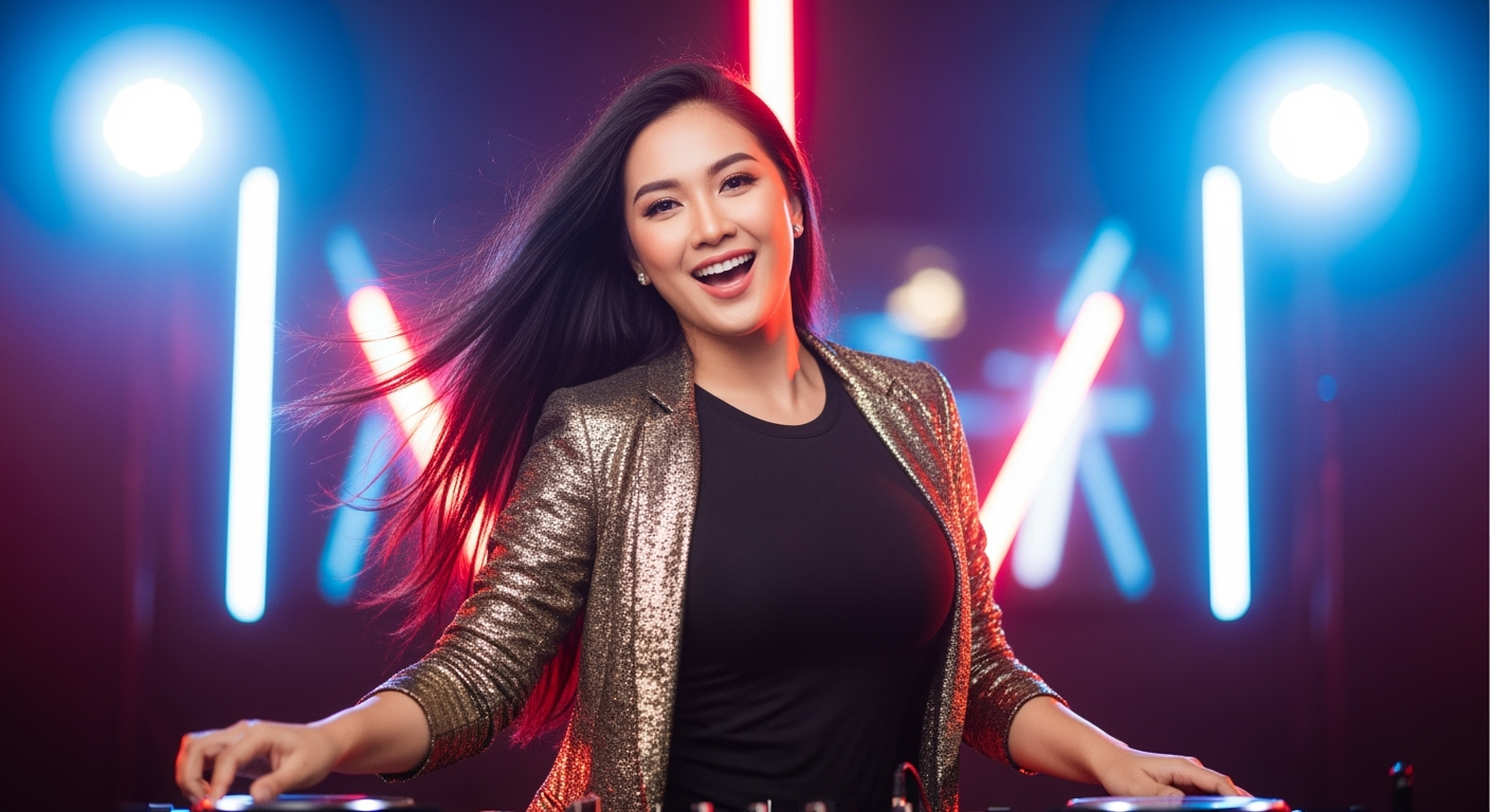 Postingan terkait: A beautiful Indonesian woman with long, flowing hair, wearing a tight shirt and a Gold blazer that shows off her curves, stands confidently behind a DJ set as if performing live. She faces the camera with a happy expression, surrounded by colorful neon stage lights and bokeh effects, evoking the atmosphere of a night party or music concert. The atmosphere is energetic and full of party vibes, with realistic lighting and a high depth of field for a natural, high-definition look.