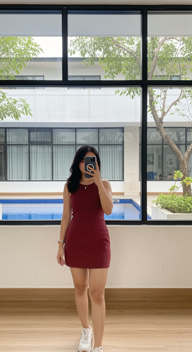 Postingan terkait: Sebuah selfie .5 (point five) dari sudut tinggi yang diambil dengan kamera belakang ultra-lebar 0.5x ponsel, menampilkan seorang wanita Indonesia berusia 18 tahun dengan postur jam pasir. Dia membuat tanda "peace" dengan tangannya dan menempelkannya di pipi. Dia memiliki ketiak putih alami, dada  menonjol namun alami, rahang berbentuk V, dan riasan alami. Rambut hitam panjangnya diikat berantakan dengan sedikit poni dan dia mengenakan cincin kawin sederhana di jari manis kirinya. Dia mengenakan gaun mini halter-neck berwarna merah muda terang yang pas di badan dengan bagian bawah rok skater. Foto diambil di kamar kos khas Indonesia pada malam hari, yang sedikit berantakan dengan barang-barang pribadi seperti buku, pakaian, dan barang-barang dekoratif kecil. Pencahayaan berasal dari lampu kilat ponsel, menciptakan sorotan terang di wajah dan tubuh bagian atasnya dengan bayangan yang dramatis, dan gambar tersebut memiliki estetika grainy dan minim cahaya.