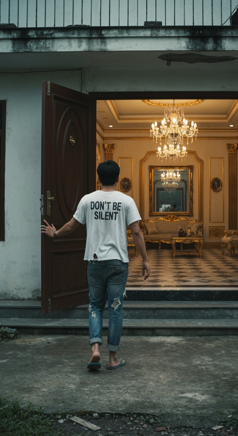 Postingan terkait: cinematic Wide shot from behind of a 25-year-old Indonesian man wearing a worn white T-shirt with the words "Don't Be Silent," ripped jeans, and flip-flops, walking slowly towards a rundown, dilapidated house. The camera follows him from behind as he reaches the door. He pushes it open, and the interior is incredibly luxurious—glittering chandeliers, gold decorations, marble floors, and elegant furniture create a dramatic contrast between the austere exterior and the opulent interior. Realistic cinematic style, natural daylight, highly detailed textures, immersive atmosphere.