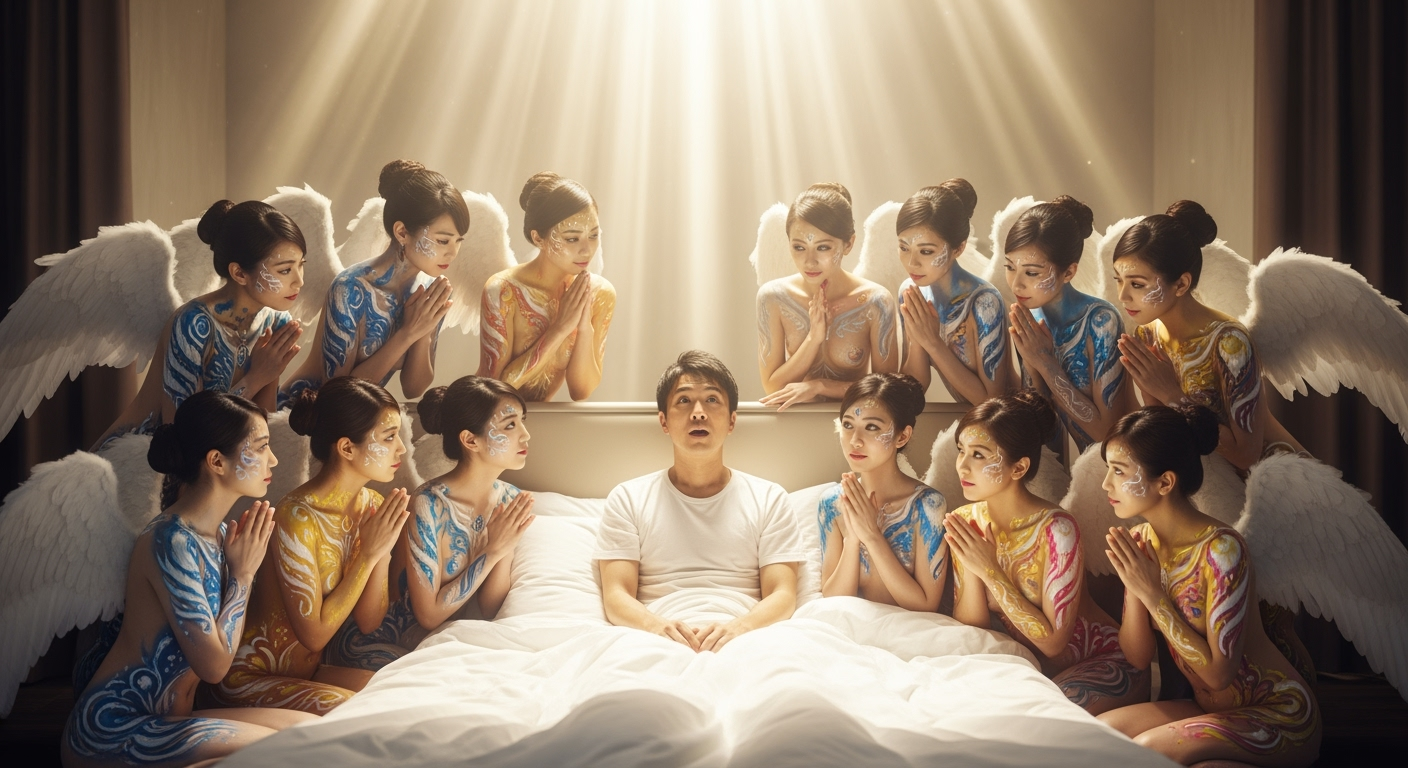 Gambar kreasi AI: A surreal and heavenly scene of a surprised man sitting up in bed, surrounded by a group of twelve beautiful angelic Japanese women with glowing skin. Each woman has elegant white wings and intricate, colorful body paint resembling feathers and divine patterns in shades of gold, blue, and silver. They are gathered closely around him, looking at him with admiration and gentle curiosity. The room is bathed in a warm, celestial golden light from above, creating a divine and dreamlike atmosphere. The setting is ethereal, soft, and glowing, like a vision of paradise.