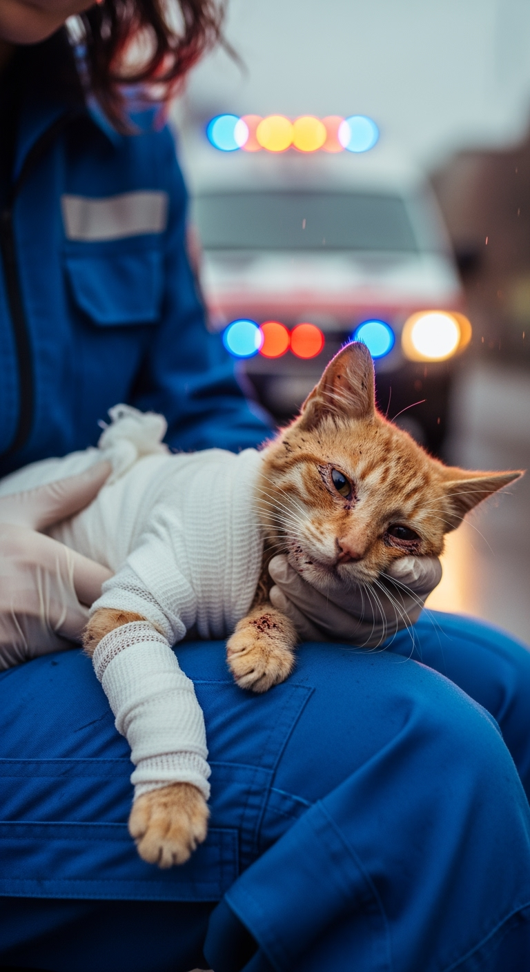 Gambar kreasi AI: "A severely injured orange kitten with body wrapped in white gauze, lying weak on a rescue worker’s lap, ambulance lights behind, hyper realistic cinematic."