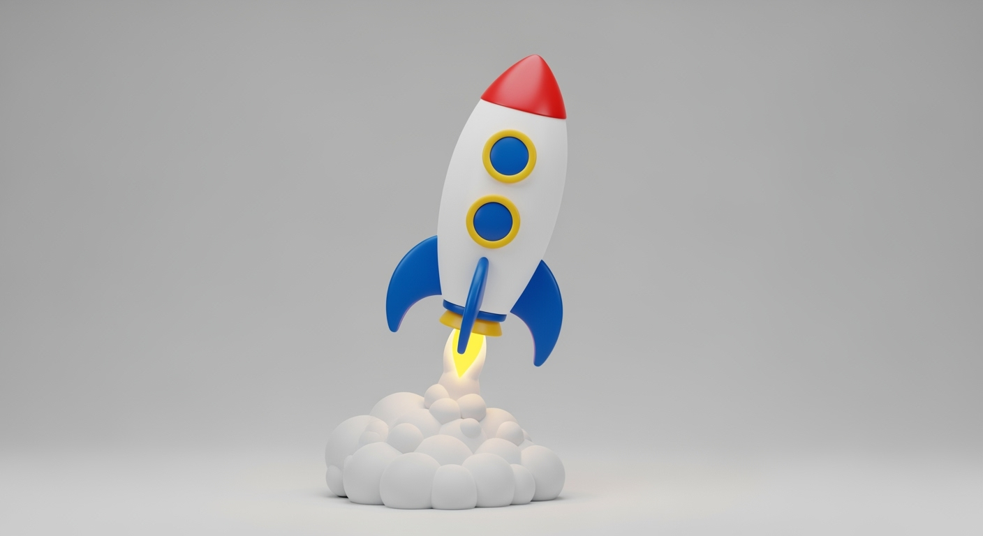 Postingan terkait: A high-quality 3D render of a cute, minimalist cartoon rocket launching. The rocket features a smooth white body, a rounded red nose cone, and two circular dark blue portholes with bright yellow rings. Three sleek, curved blue fins are attached to the lower body. A yellow exhaust port emits voluminous, puffy, cloud-like white smoke, indicating propulsion. The rocket is angled slightly upwards and to the right, centered in the frame. Soft, diffused studio lighting casts subtle shadows and gentle highlights, giving it a playful, clean aesthetic. Solid light gray background. Octane render, ultra-detailed.
A high-quality 3D render of a cute, minimalist cartoon rocket launching. The rocket features a smooth white body, a rounded red nose cone, and two circular dark blue portholes with bright yellow rings. Three sleek, curved blue fins are attached to the lower body. A yellow exhaust port emits voluminous, puffy, cloud-like white smoke, indicating propulsion. The rocket is angled slightly upwards and to the right, centered in the frame. Soft, diffused studio lighting casts subtle shadows and gentle highlights, giving it a playful, clean aesthetic. Solid light gray background. Octane render, ultra-detailed.