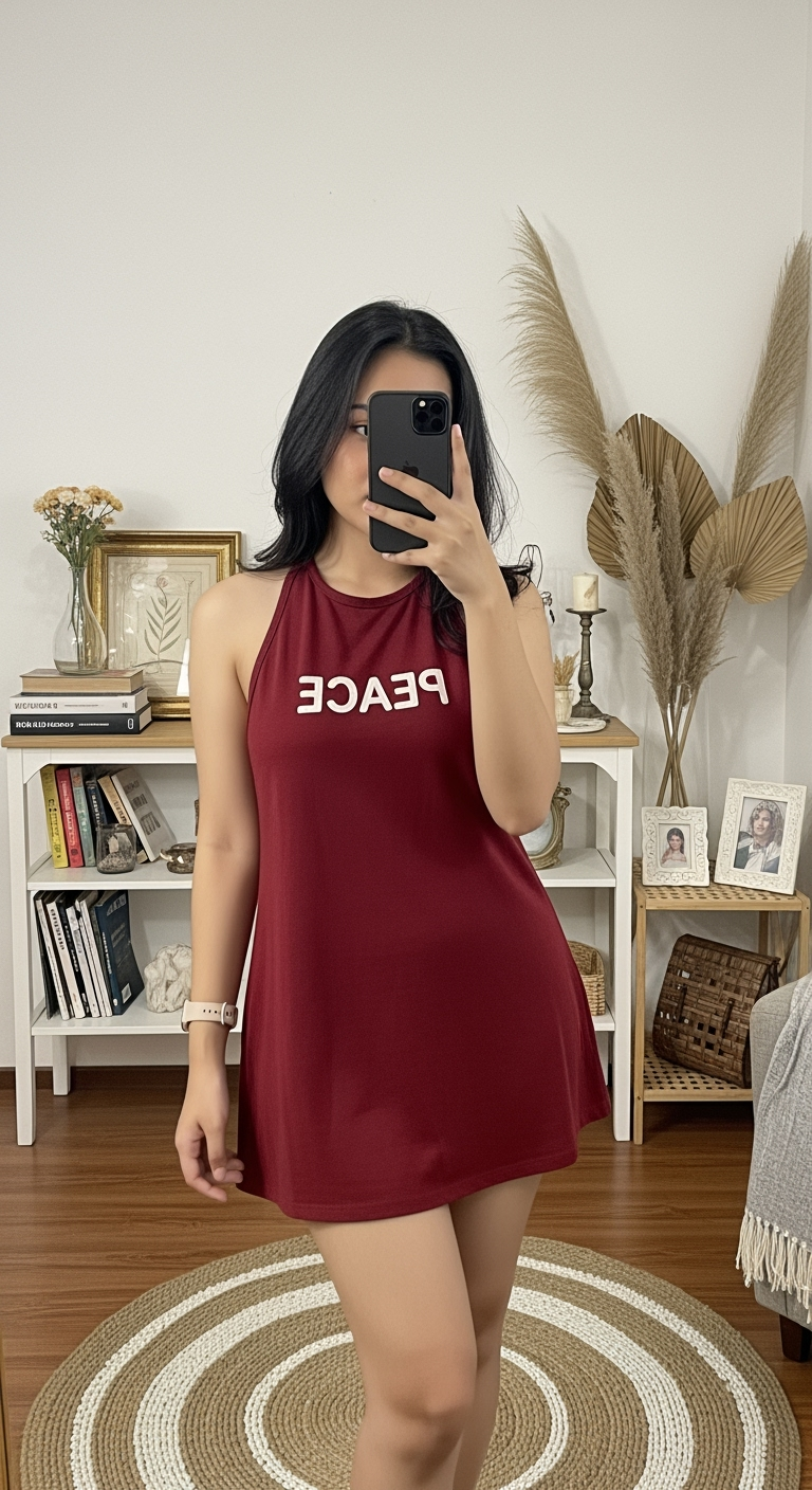 Postingan terkait: Sebuah selfie .5 (point five) dari sudut tinggi yang diambil dengan kamera belakang ultra-lebar 0.5x ponsel, menampilkan seorang wanita Indonesia berusia 18 tahun dengan postur jam pasir. Dia membuat tanda "peace" dengan tangannya dan menempelkannya di pipi. Dia memiliki ketiak putih alami, dada yang sangat besar dan menonjol namun alami, rahang berbentuk V, dan riasan alami. Rambut hitam panjangnya diikat berantakan dengan sedikit poni dan dia mengenakan cincin kawin sederhana di jari manis kirinya. Dia mengenakan gaun mini halter-neck berwarna merah muda terang yang pas di badan dengan bagian bawah rok skater. Foto diambil di kamar kos khas Indonesia pada malam hari, yang sedikit berantakan dengan barang-barang pribadi seperti buku, pakaian, dan barang-barang dekoratif kecil. Pencahayaan berasal dari lampu kilat ponsel, menciptakan sorotan terang di wajah dan tubuh bagian atasnya dengan bayangan yang dramatis, dan gambar tersebut memiliki estetika grainy dan minim cahaya.
