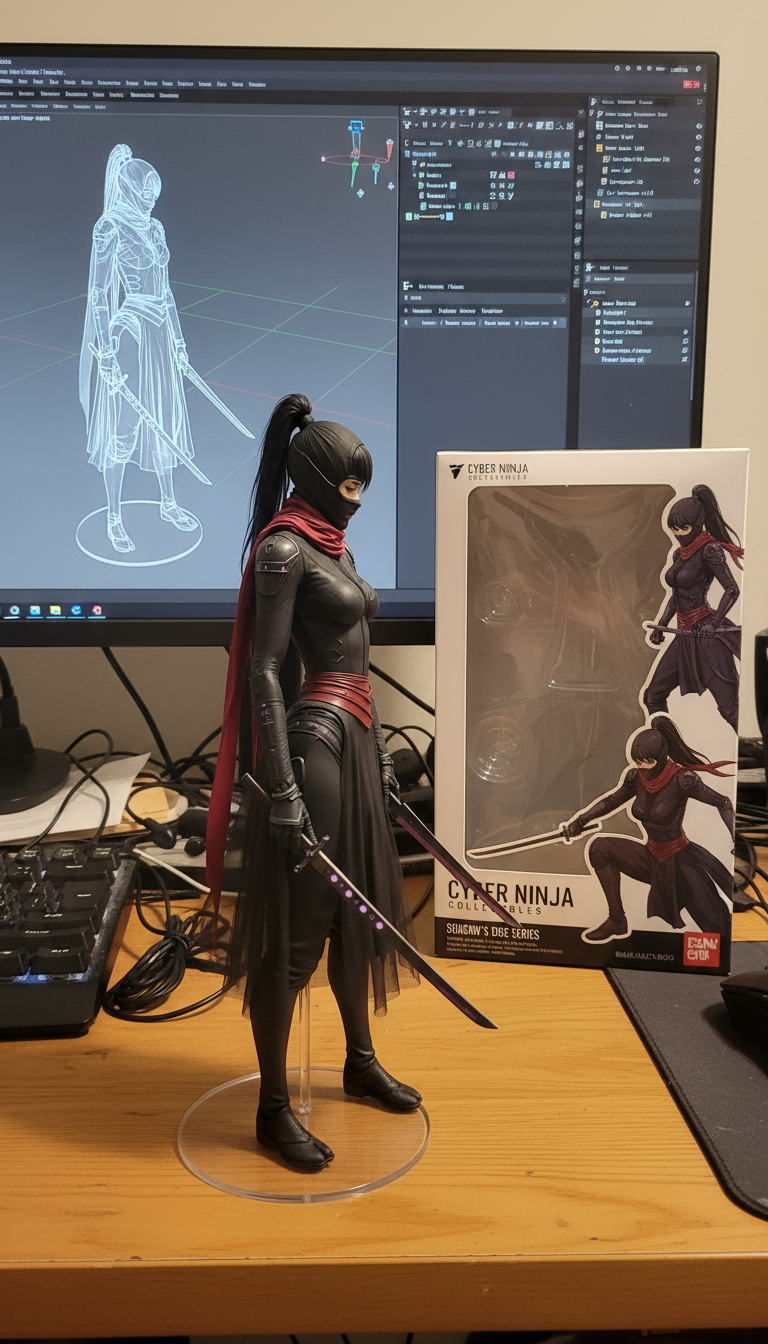 Postingan terkait: create a 1/7 scale commercialized figurine of the characters in the picture, in a realistic style, in a real environment. The figurine is placed on a computer desk. The figurine has a round transparent acrylic base, with no text on the base. The content on the computer screen is a 3D modeling process of this figurine. Next to the computer screen is a toy packaging box, designed in a style reminiscent of high-quality collectible figures, printed with original artwork. The packaging features two-dimensional flat illustrations.