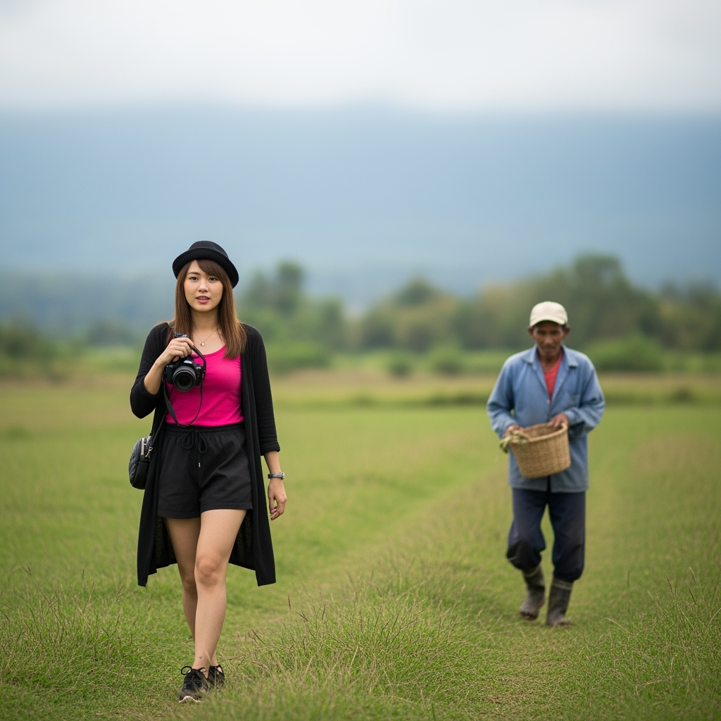 Gambar kreasi AI: Seorang wanita asia 20tahun memakai rok mini pink dan tangtop hitam jalan di sawah terasering sambil senyum ke kamera. Dibelakangnya ada seorang petani laki laki yang melihat punggung wanita itu.