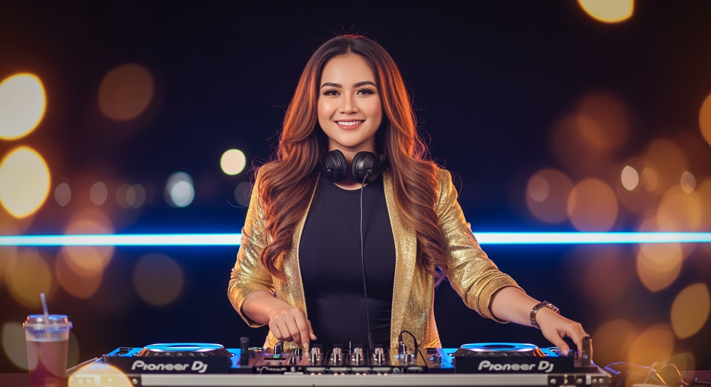 Postingan terkait: A beautiful Indonesian woman with long, flowing hair, wearing a tight shirt and a Gold blazer that shows off her curves, stands confidently behind a DJ set as if performing live. She faces the camera with a happy expression, surrounded by colorful neon stage lights and bokeh effects, evoking the atmosphere of a night party or music concert. The atmosphere is energetic and full of party vibes, with realistic lighting and a high depth of field for a natural, high-definition look.
