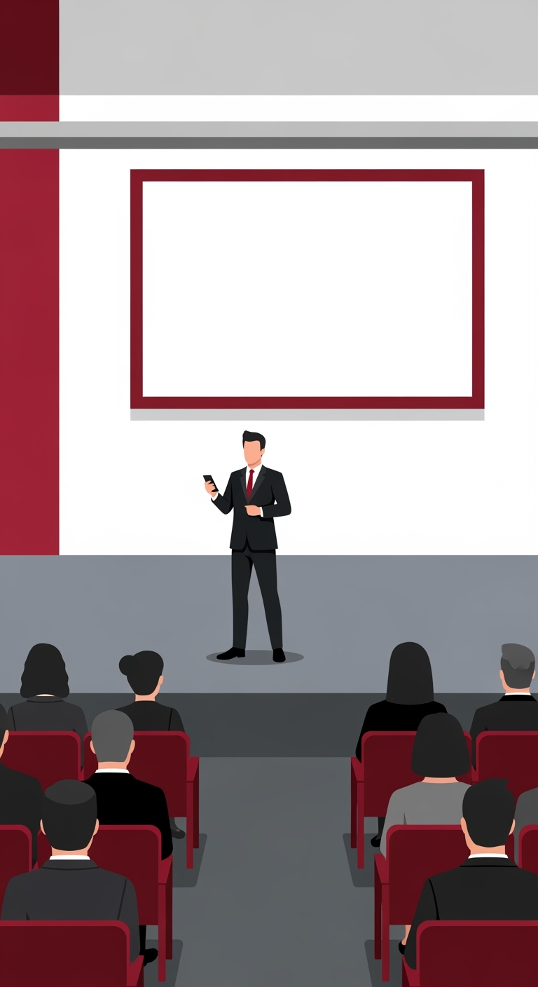 Postingan terkait: 2D motion graphic flat style illustration, modern corporate summit scene, clean vector shapes, minimal but professional design, using a color palette of burgundy red, gray, black, and white.

Businessman (Speaker): a confident businessman in a modern suit, holding a smartphone in one hand, standing confidently on stage with professional posture.

Stage & Floor: medium gray flat stage floor, simple and minimal, providing a professional platform for the speaker.

Background Wall: clean white background wall, minimal modern corporate style, smooth and uncluttered.

Digital Screen: a large presentation screen with a deep burgundy red frame and empty white inside, simple and clear with no extra technological patterns or glowing effects.

Audience: seated attendees on burgundy red chairs, wearing professional outfits in shades of black, gray, and deep red, avoiding bright colors.

Atmosphere: modern and elegant environment, clean minimal design, professional corporate feel.