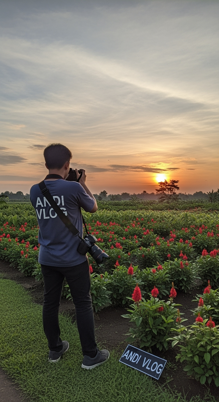 Gambar kreasi AI: Buatkan poto seorang laki-laki muda rambut rapi  memakai kaos hitam di belakang ada tulisan ANDI VLOG . Menghadap ke matahari yang baru muncul .membelakangi kamera . Suasana pagi hari yang sejuk . Sekitarnya pohon-pohon cabai