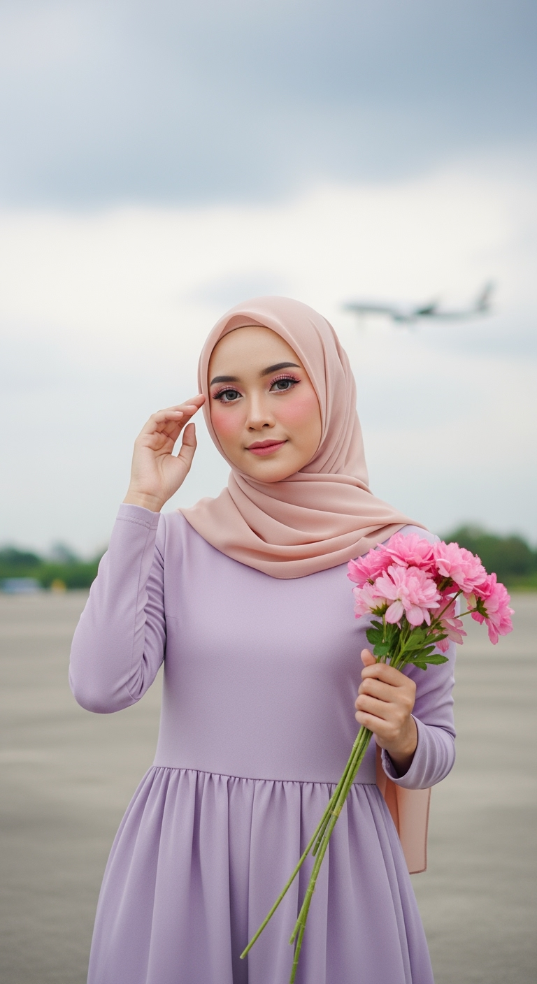 Postingan terkait: Buat gambar amatir kualitas tinggi wanita sangat cantik asal Korea Selatan mirip idol dengan tubuh ramping, rahang V-shape halus, tanpa lesung pipi, makeup natural segar dengan blush pink lembut, eyeliner tipis, usia sekitar 20 tahunan. Memakai hijab chiffon warna peach muda yang dikenakan rapi membingkai wajah, ujung hijab menjuntai di bahu kiri. Memakai kemeja panjang warna lavender pastel, dilapisi dengan rompi rajut warna krem muda dengan tekstur rajutan halus dan tanpa ruffle di bahu. Celana panjang longgar warna lavender pastel, tanpa motif. Di kepala terdapat kacamata hitam transparan diletakkan di atas hijab. Tangan kanan memegang buket bunga warna pink cerah. Pose low-angle dari bawah menghadap ke atas, kepala sedikit menoleh ke kanan dengan ekspresi tenang. Latar belakang langit biru cerah penuh awan putih dramatis, Pesawat terbang tampak terbang di kejauhan. Pencahayaan alami siang hari yang cerah. Mode kamera wide-angle, full body terlihat dari bawah, hasil foto seperti diambil dengan kamera smartphone biasa. Tekstur kulit realistis dengan pori-pori terlihat, tidak terlalu halus. Semua elemen fokus tajam termasuk background, tanpa bokeh. Rasio vertikal.