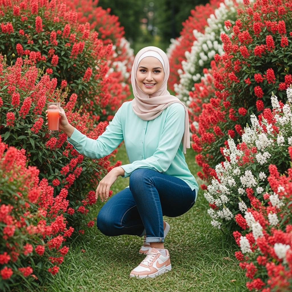 Postingan terkait: Potret hyper-realistic aspek rasio 9:16. Seorang wanita, tampil anggun dengan mengenakan kaos putih  dan rompi rajut berwarna biru pastel dan celana jeans warna navy , dipadukan dengan sepatu sneackers warna putih kombinasi peach pastel.
Di atas rumput hijau, wanita ini duduk dengan tubuh condong ke depan, tersenyum manis ke arah kamera. Di pangkuannya, ia meletakkan stroberi raksasa berwarna merah-cerah yang memantulkan cahaya. Tangan kirinya memegang gelas jus stroberi dengan sedotan, sementara tangan kanannya diletakkan di paha. Di sampingnya, terlihat keranjang anyaman berisi stroberi dan bunga putih. Beberapa kelinci putih mungil dan kupu-kupu pastel juga terlihat di sekitarnya, menambah kesan magis.
Latar belakangnya adalah kebun stroberi raksasa yang whimsical, dengan buah merah berkilauan, daun hijau besar, dan bunga stroberi putih dengan putik kuning yang tersebar. Seluruh pencahayaan lembut dan merata menciptakan suasana teduh dan seperti di dunia dongeng.
Potret ini penuh detail, dari tekstur kain, urat daun, hingga pantulan cahaya, semuanya beresolusi sangat tinggi, tajam, dan realistis. Rasio 9:16