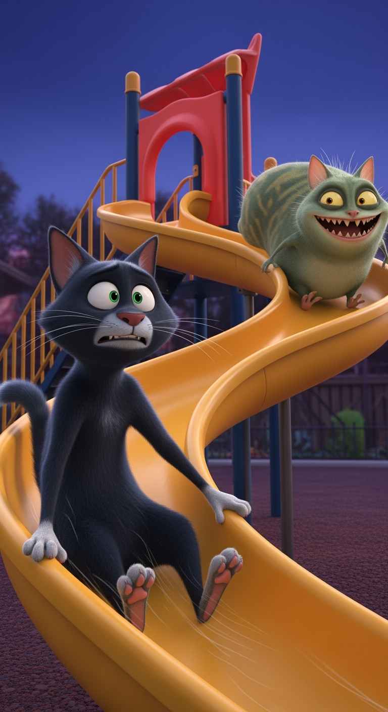 Gambar kreasi AI: 3D Disney Pixar animation, horror comedy video. Dynamic shot of the black cat sliding nervously down a playground slide. The tuyul suddenly slides down right behind him with a wide grin, laughing. Camera follows them from the top to bottom of the slide. Funny yet spooky atmosphere.